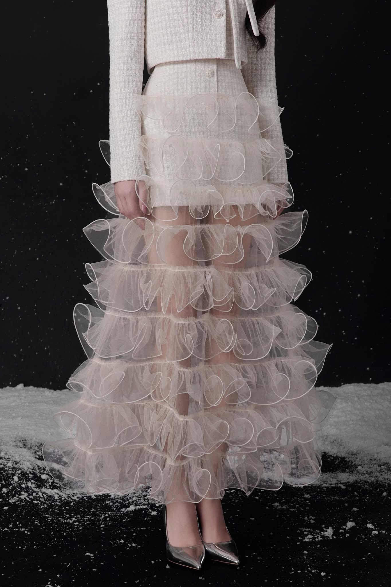 Raffiné ECLAT BOW NECK TWEED CROPPED JACKET & MINI SKIRT & MAXI SKIRT SET (WHITE)