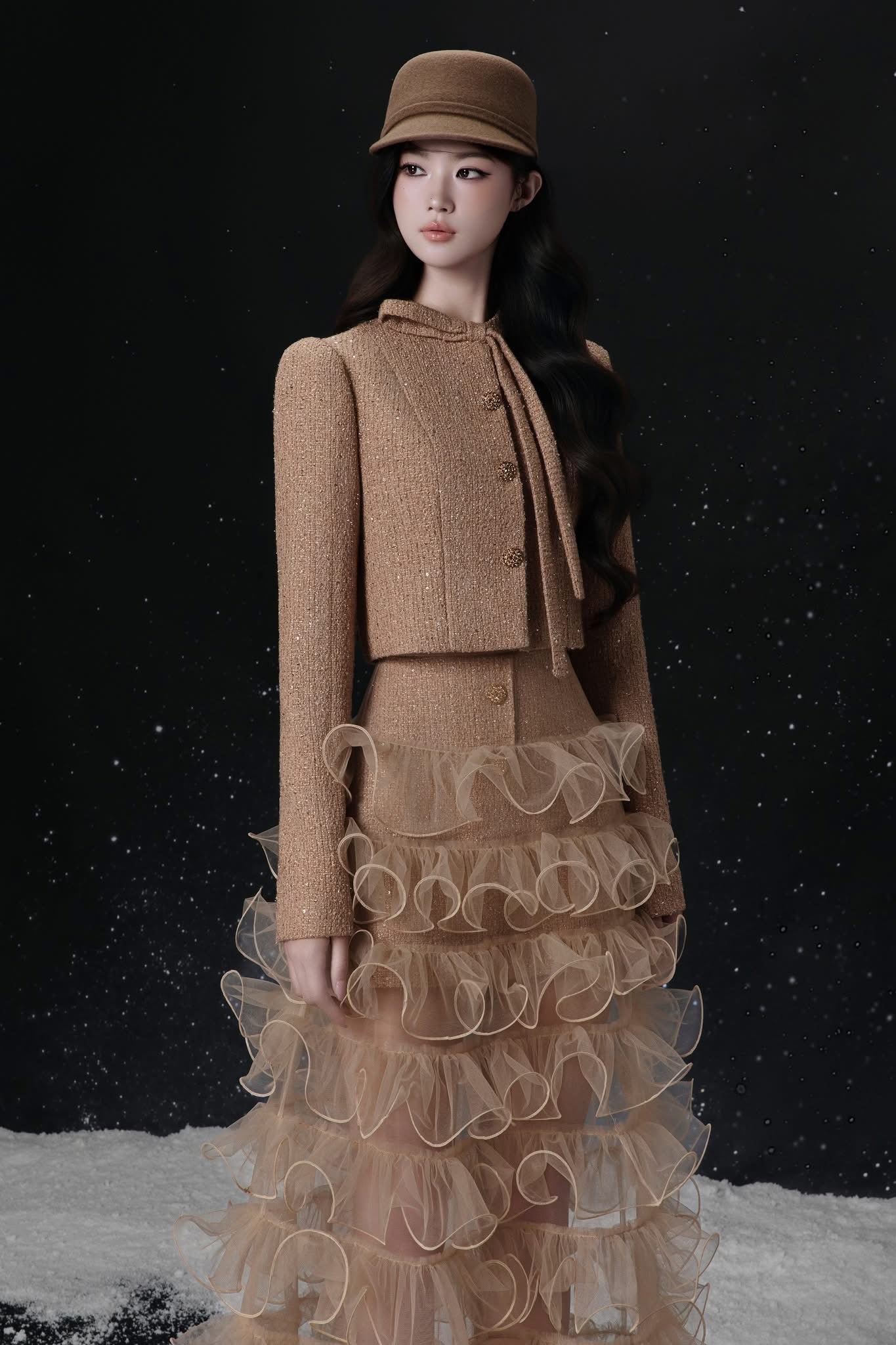 Raffiné ECLAT BOW NECK TWEED CROPPED JACKET & MINI SKIRT & MAXI SKIRT SET (BROWN)