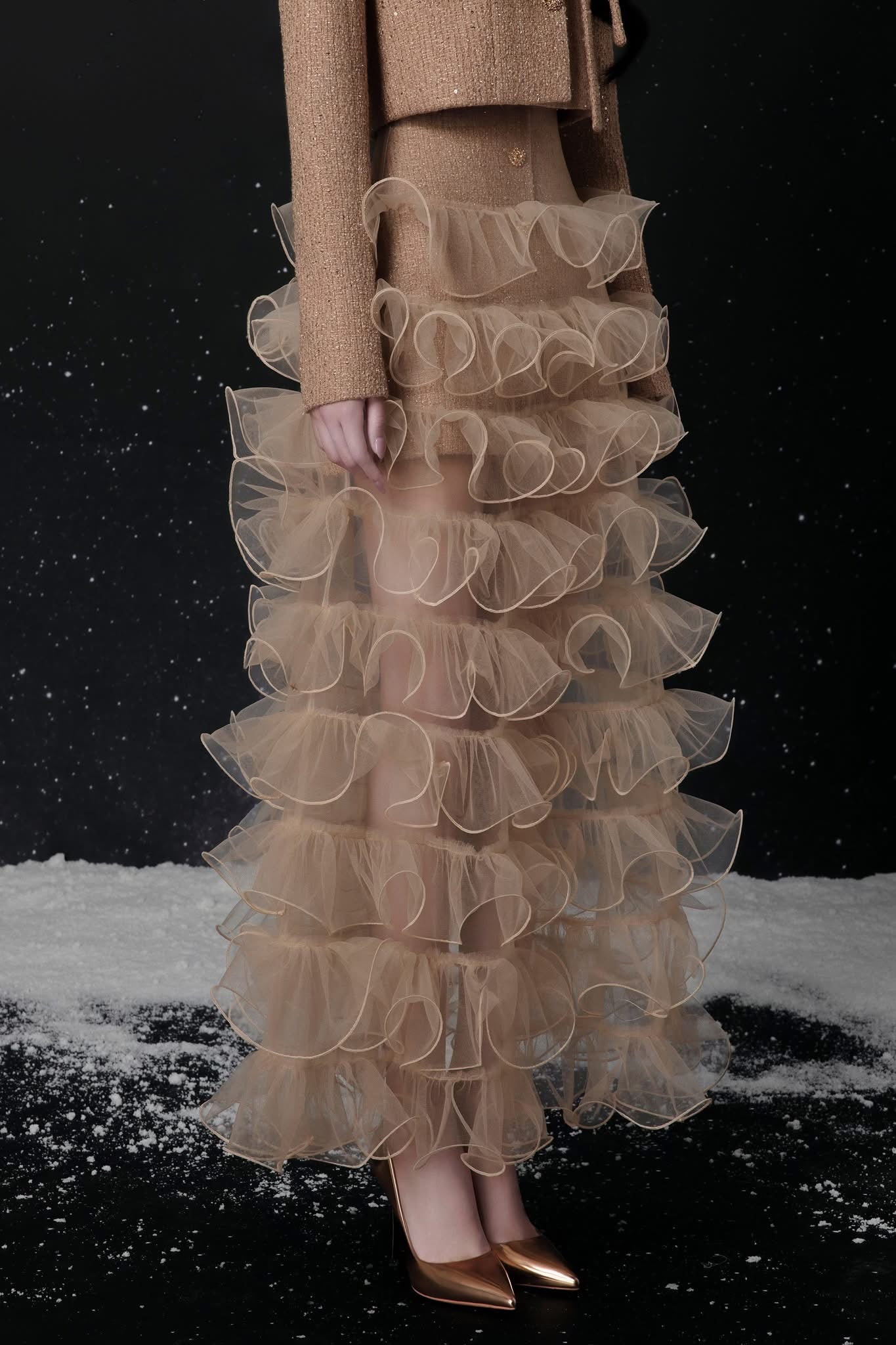 Raffiné ECLAT BOW NECK TWEED CROPPED JACKET & MINI SKIRT & MAXI SKIRT SET (BROWN)