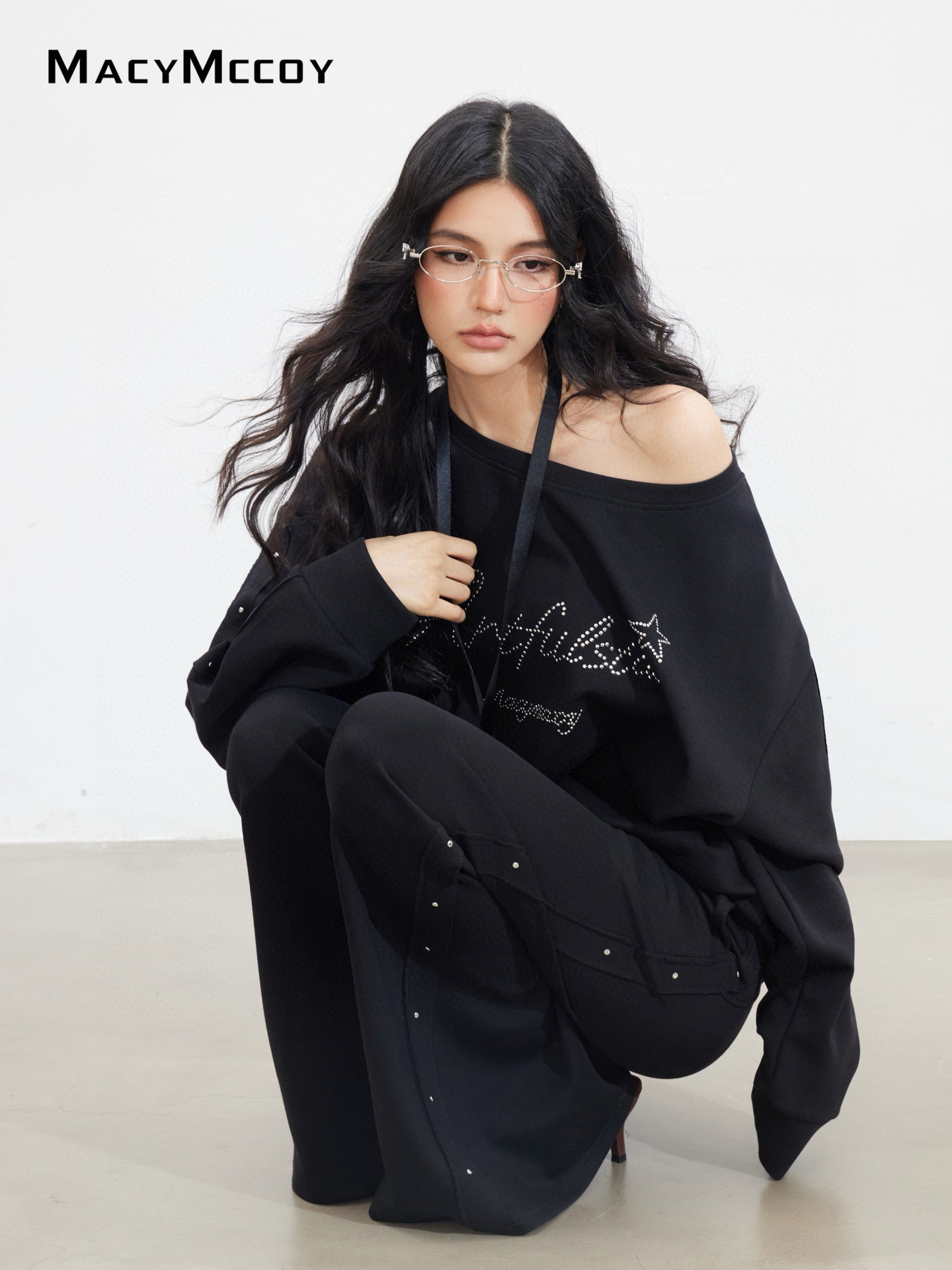MacyMccoy MMC2025136&MMC2025142 Riveted letter sloping shoulder hoodie + pants set