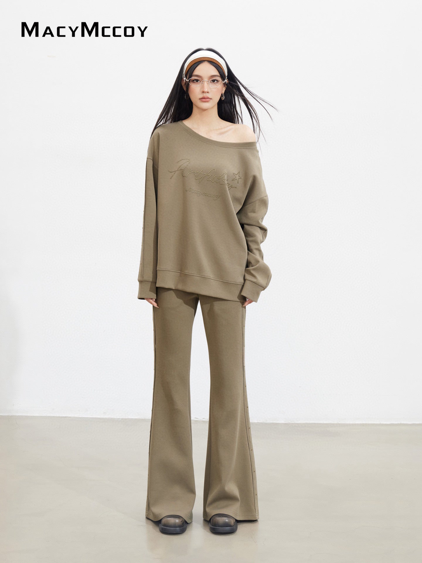 MacyMccoy MMC2025136&MMC2025142 Riveted letter sloping shoulder hoodie + pants set