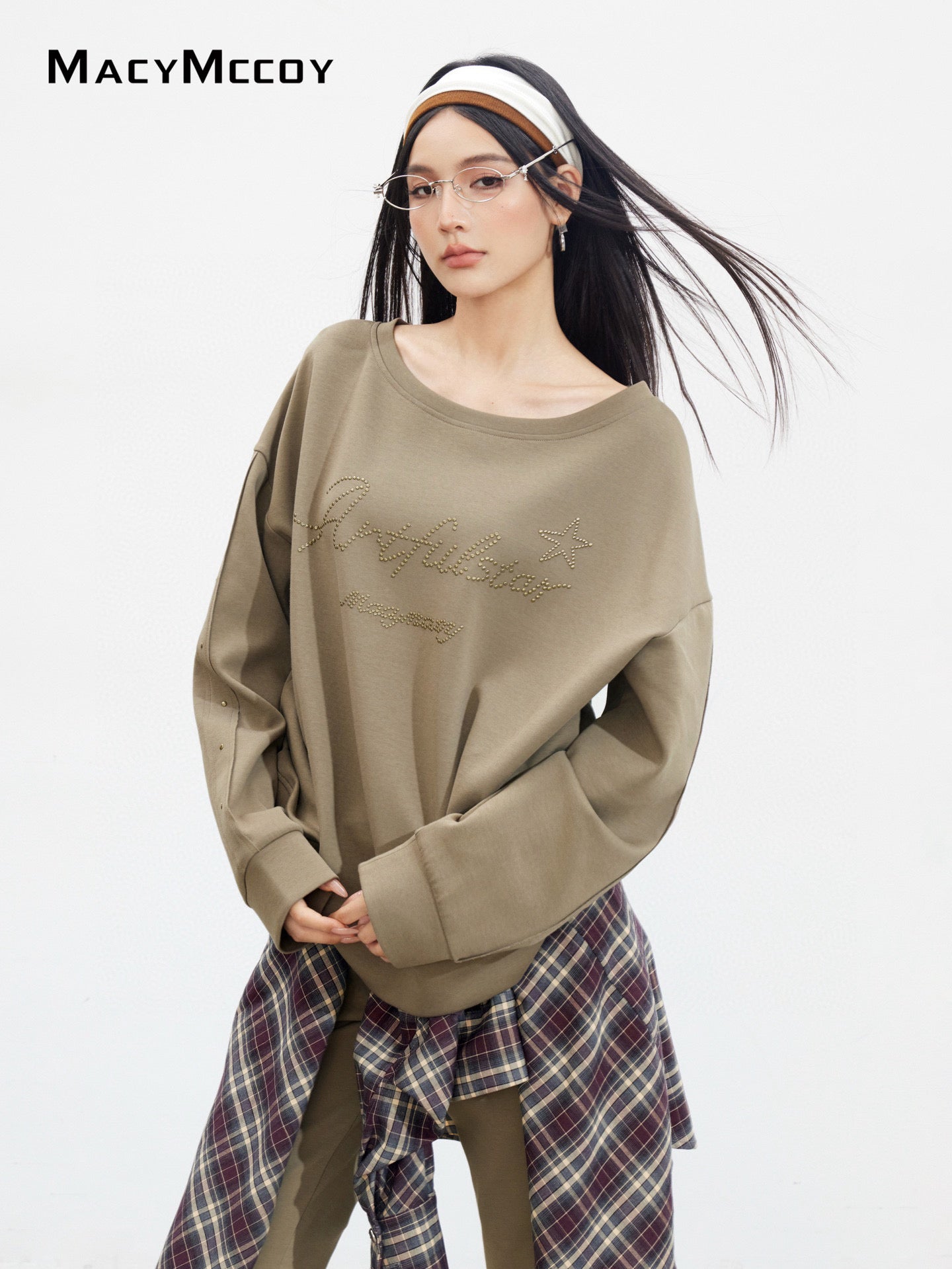 MacyMccoy MMC2025136&MMC2025142 Riveted letter sloping shoulder hoodie + pants set