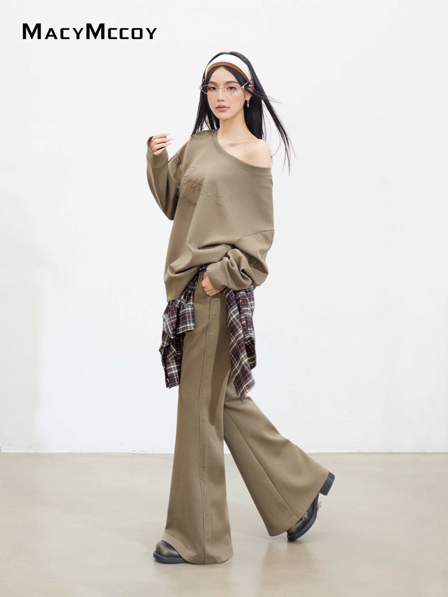 MacyMccoy MMC2025136&MMC2025142 Riveted letter sloping shoulder hoodie + pants set