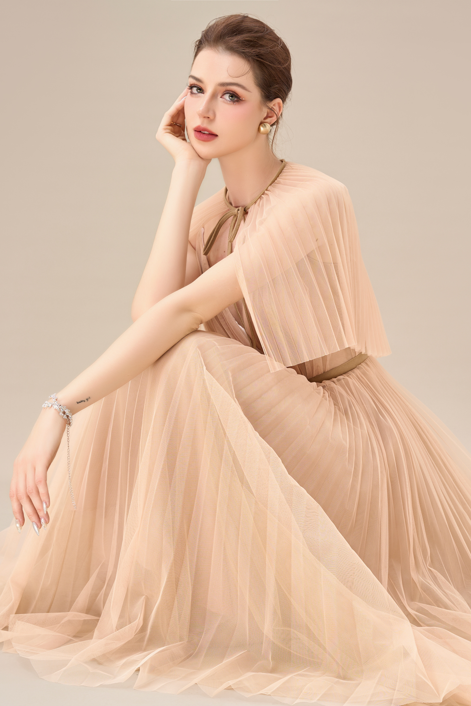 Calista GALLIN Pleated Cape Ankle Length Dress