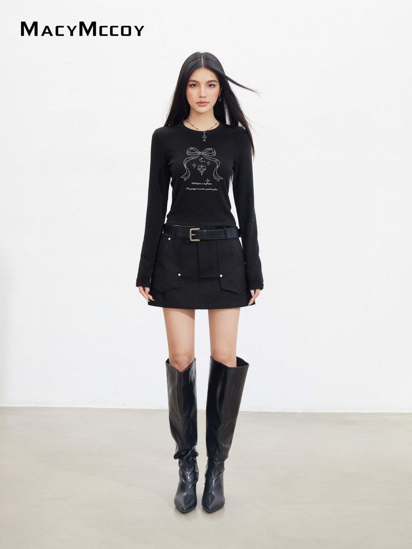 MacyMccoy MMC2025139&MMC2025143 Bow letter long sleeved T-shirt + skirt set