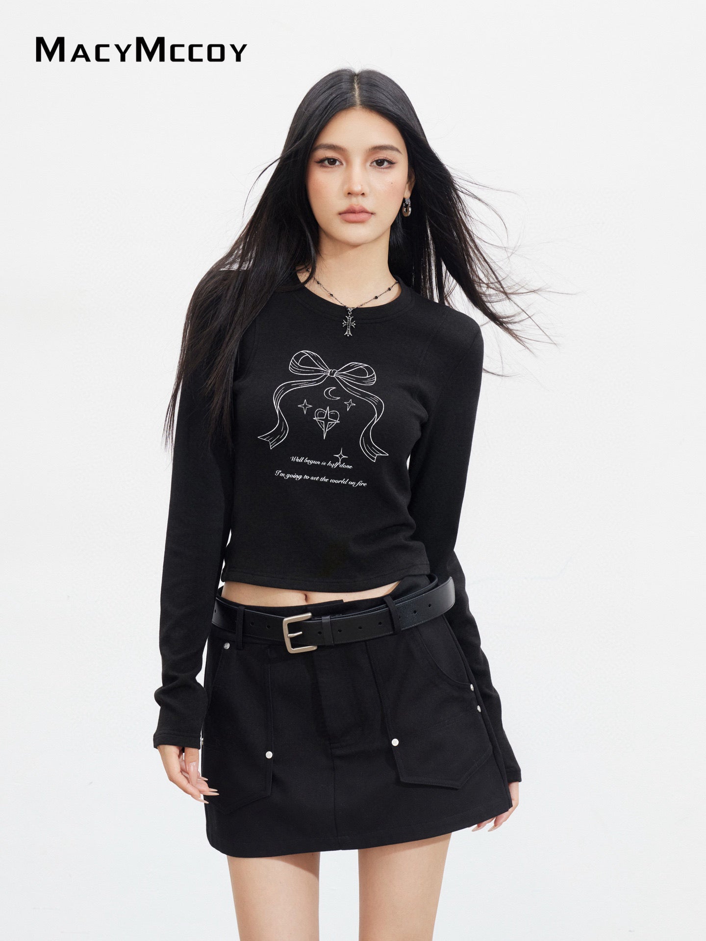 MacyMccoy MMC2025139&MMC2025143 Bow letter long sleeved T-shirt + skirt set