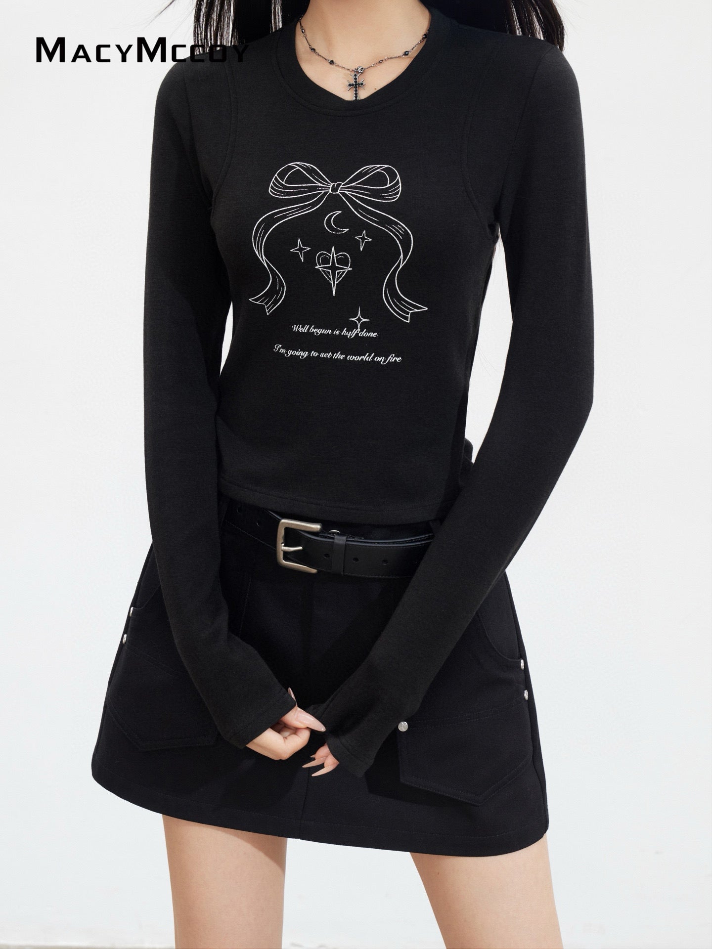 MacyMccoy MMC2025139&MMC2025143 Bow letter long sleeved T-shirt + skirt set