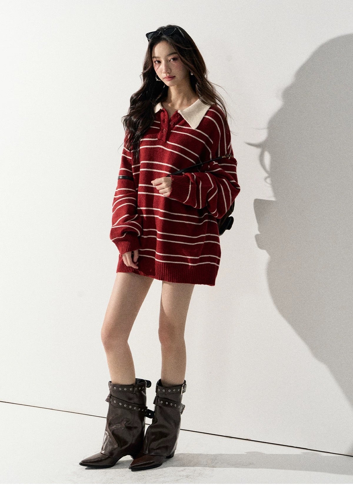 Lafreedom LAF351004 Lazy style striped lapel knit sweater