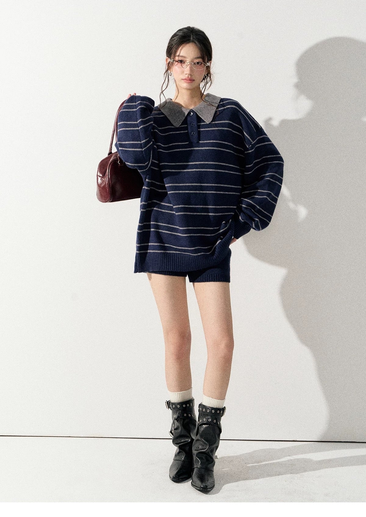 Lafreedom LAF351004 Lazy style striped lapel knit sweater