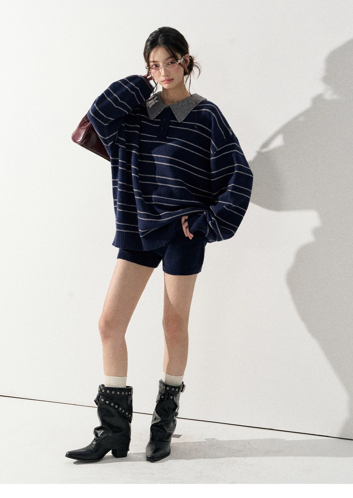 Lafreedom LAF351004 Lazy style striped lapel knit sweater