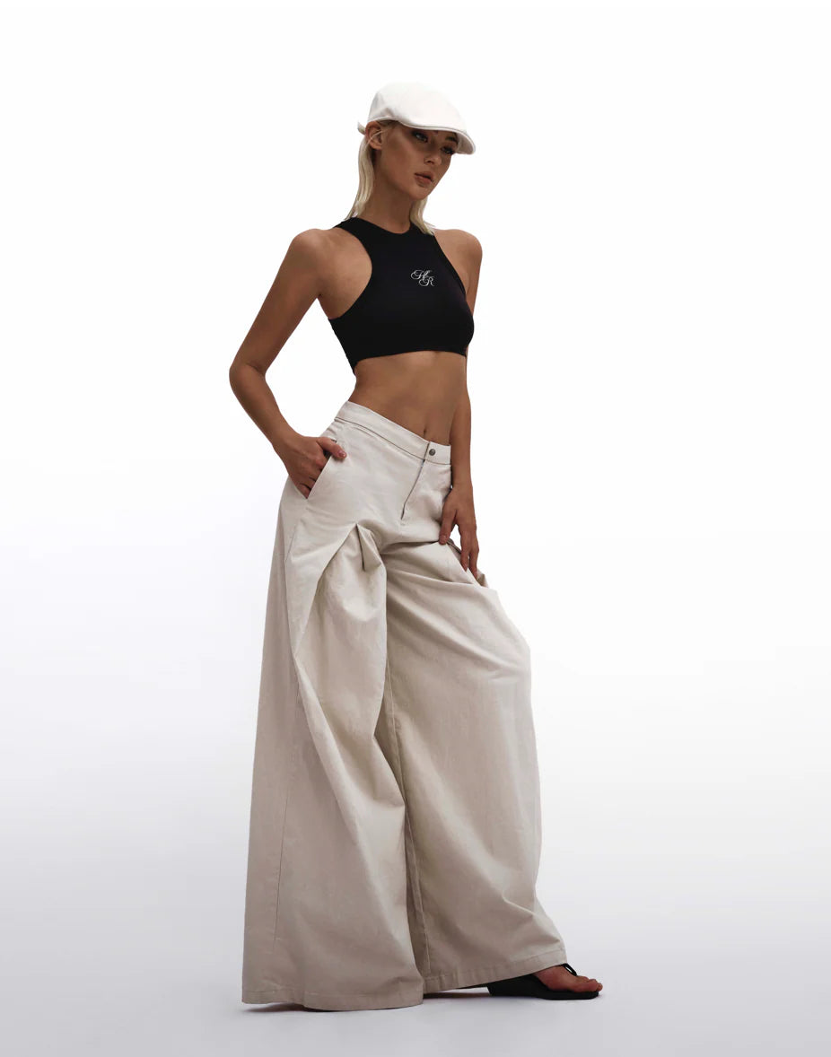 Huelleyrose SALE KHAKI WIDE LEG PANTS - BEIGE