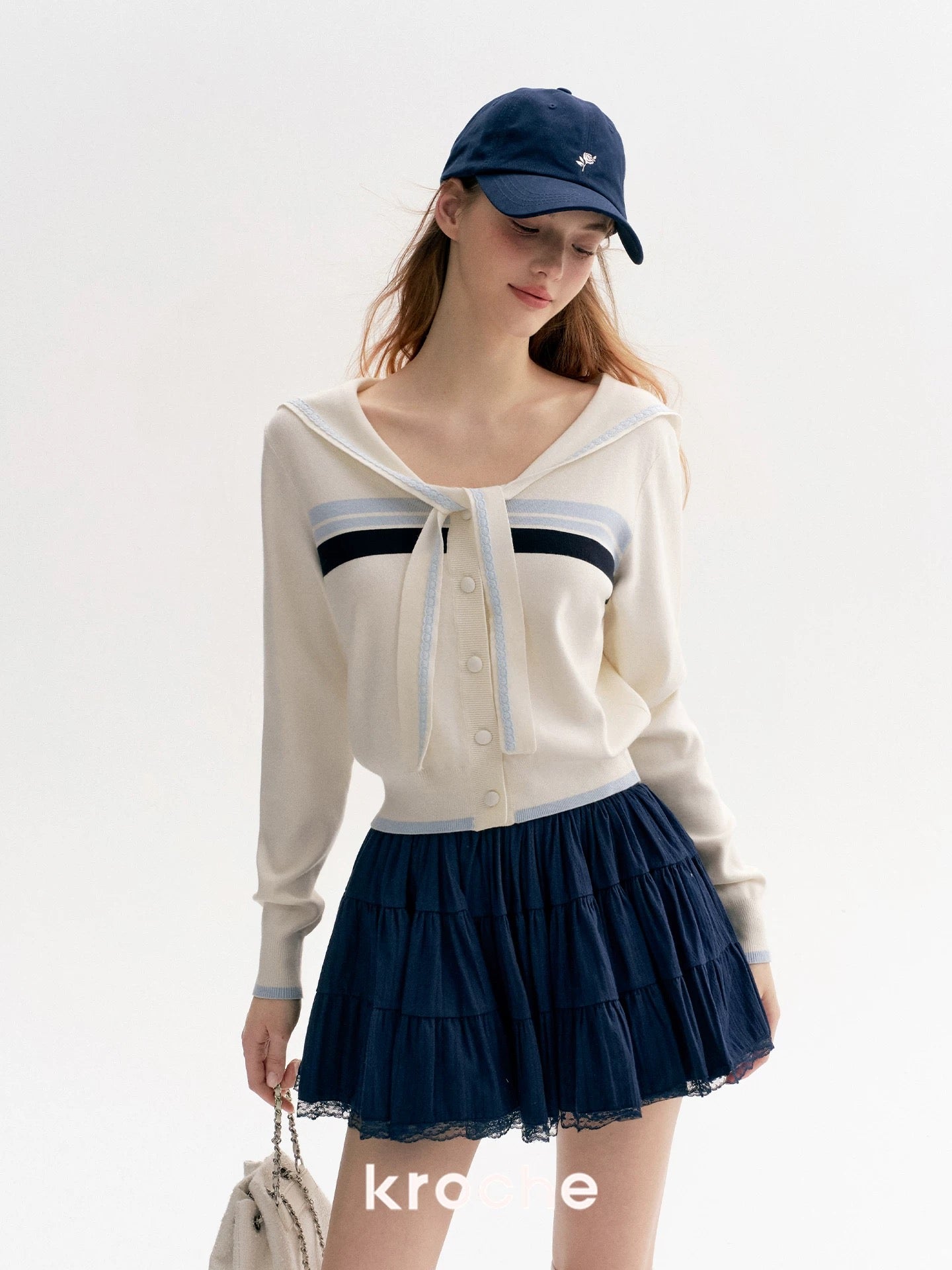 Kroche Lace Navy collar contrasting sweater shirt