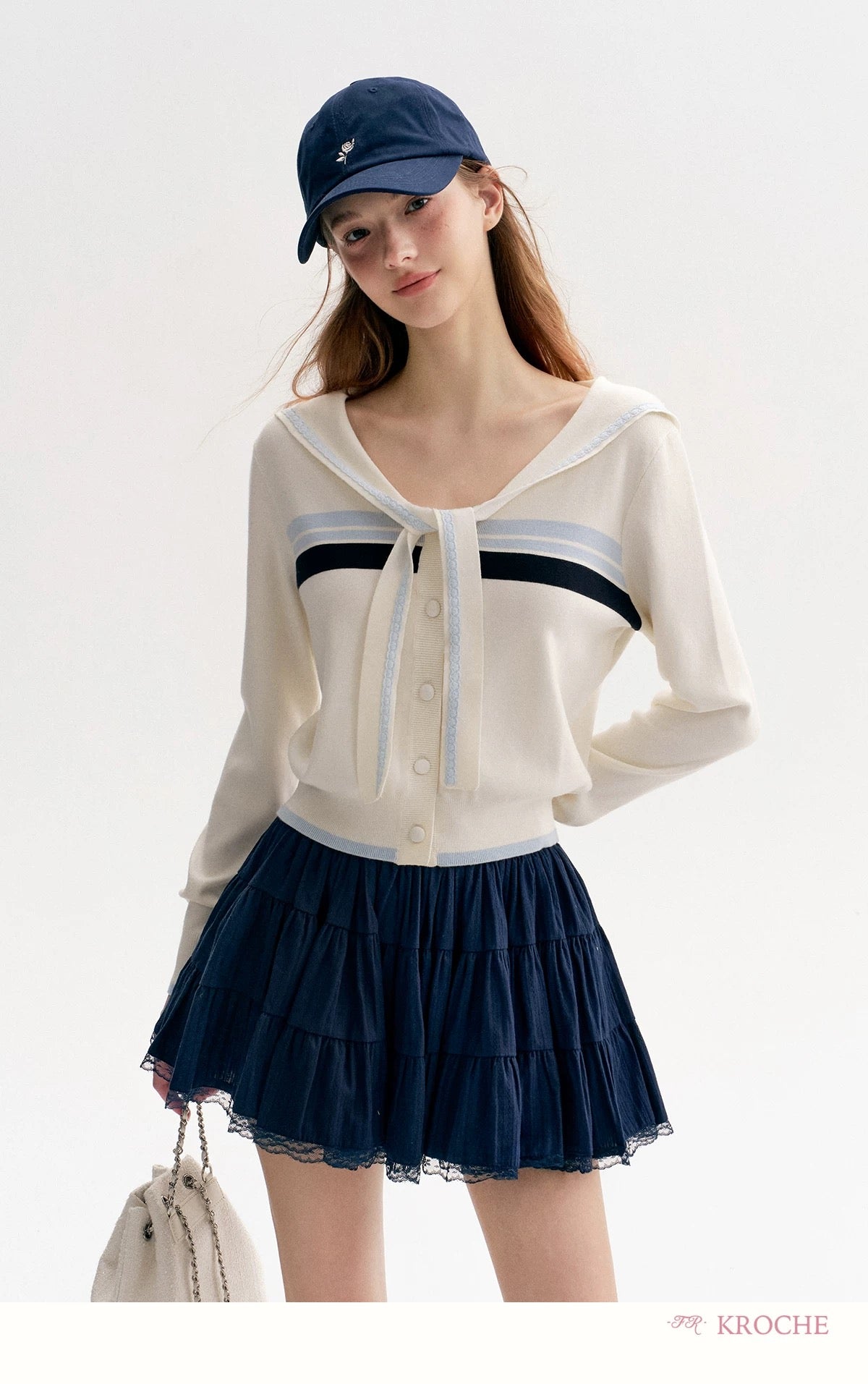 Kroche Lace Navy collar contrasting sweater shirt