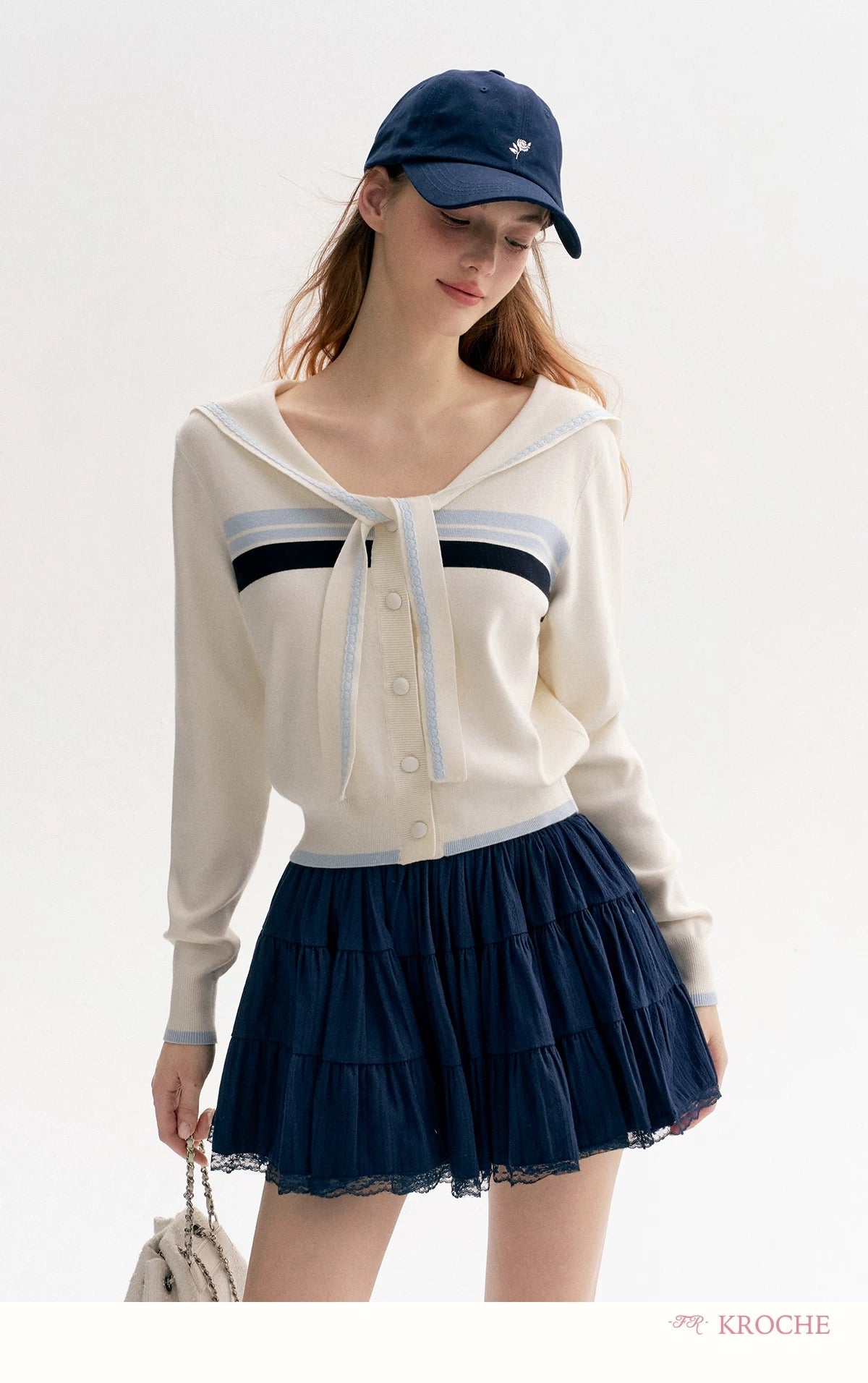 Kroche Lace Navy collar contrasting sweater shirt