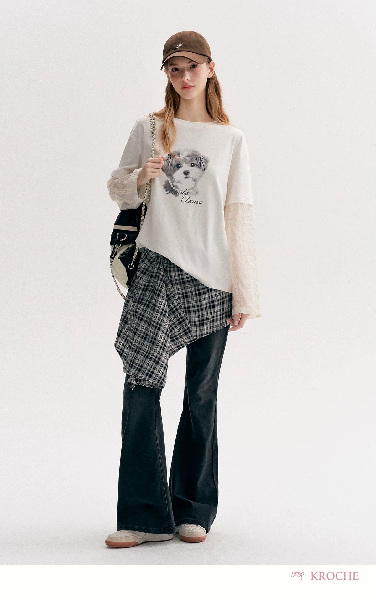 Kroche Hand drawn dog embroidery patchwork long sleeved T-shirt