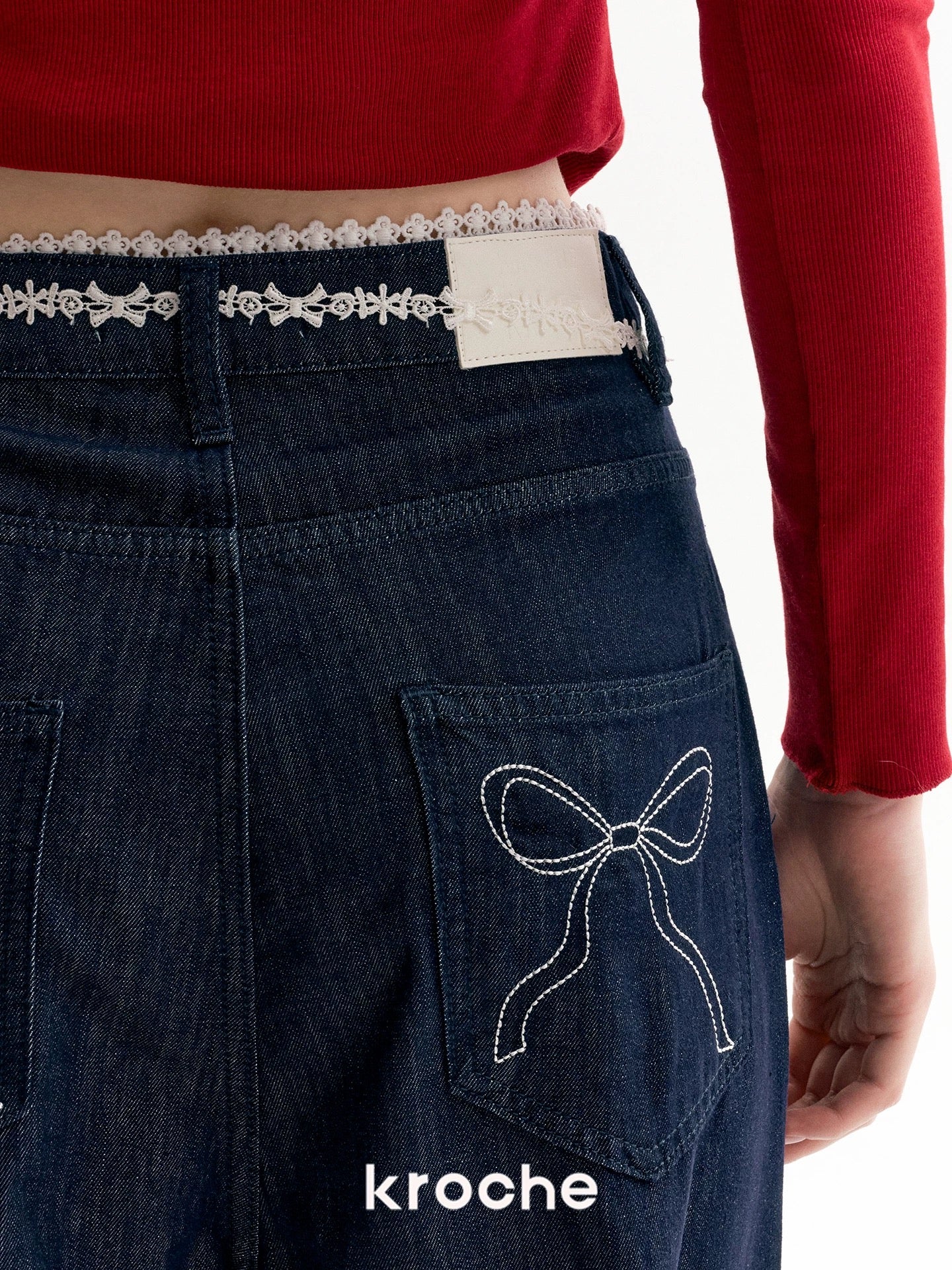 Kroche Lace patchwork decorative bow loose jeans