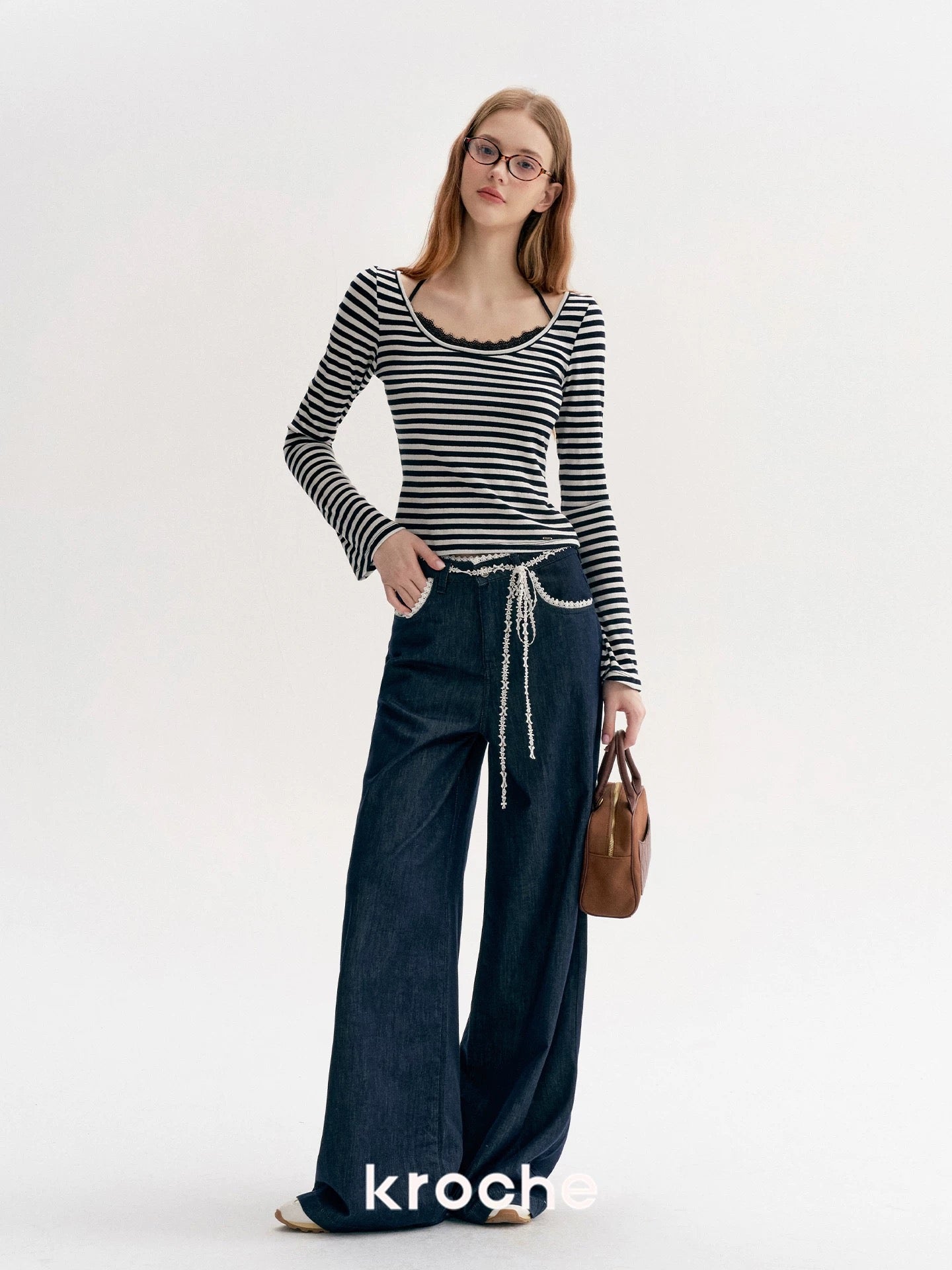 Kroche Lace patchwork decorative bow loose jeans