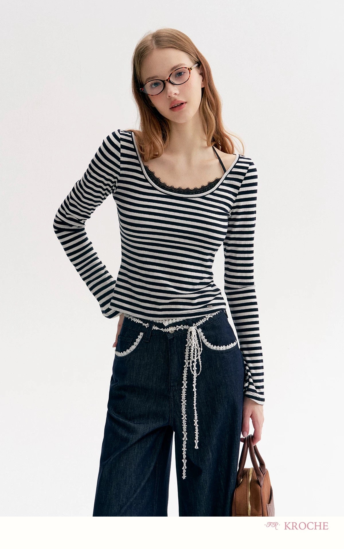 Kroche Lace patchwork decorative bow loose jeans