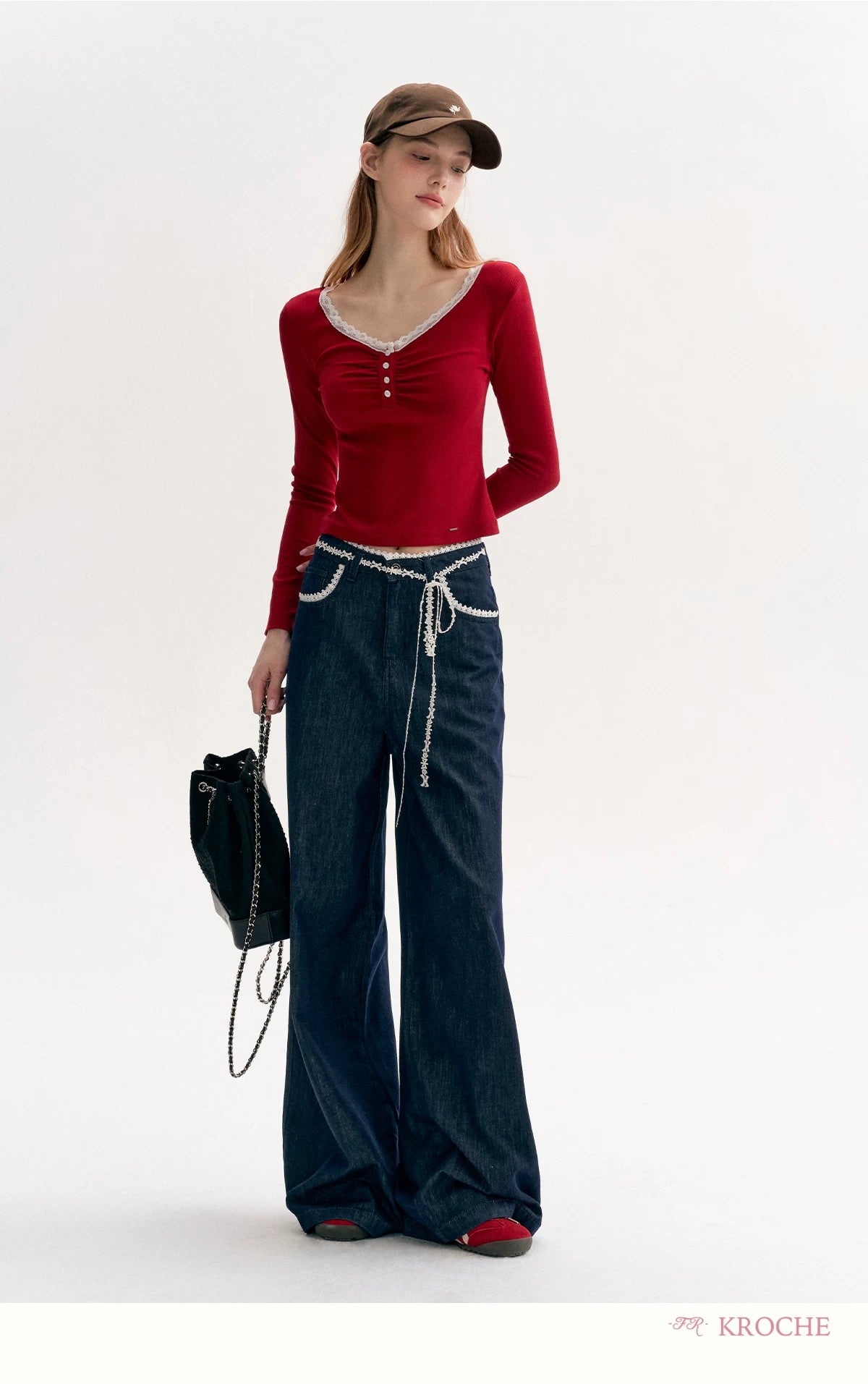 Kroche Lace patchwork decorative bow loose jeans
