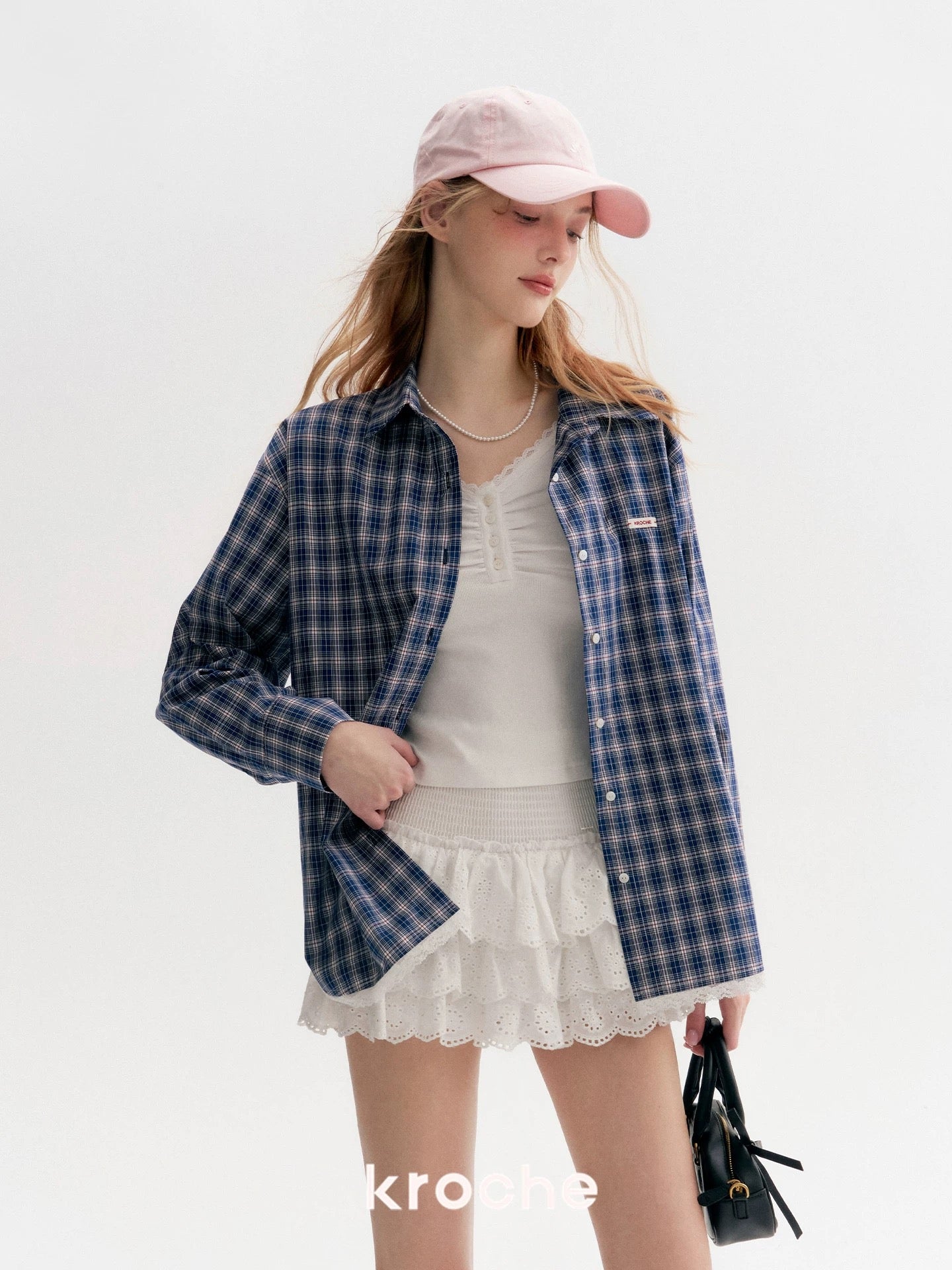 Kroche Plaid loose shirt + skirt set