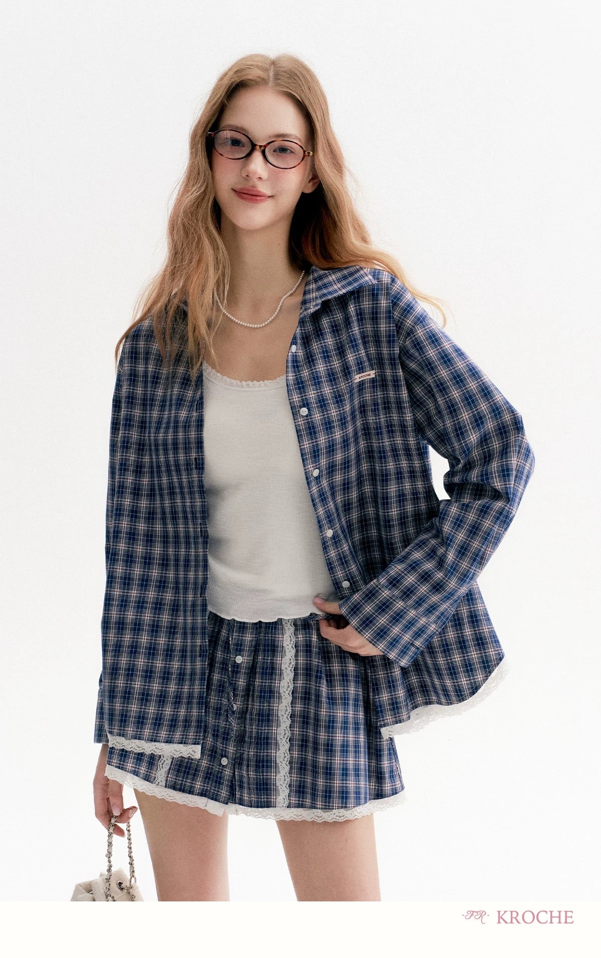 Kroche Plaid loose shirt + skirt set