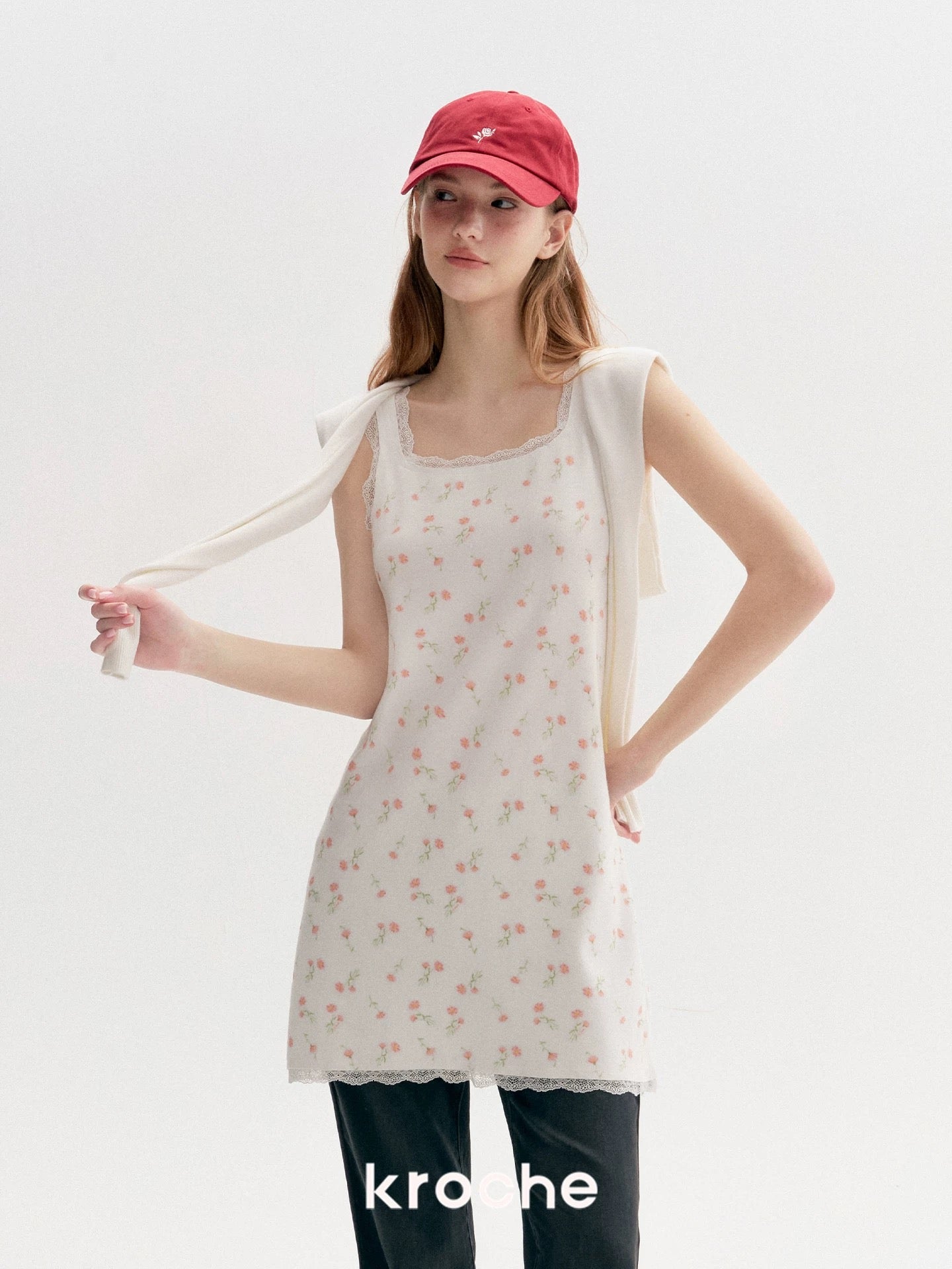 Kroche Floral lace patchwork knit camisole dress
