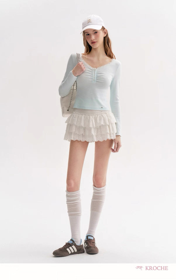 Kroche Lace patchwork slim fit long sleeved T-shirt