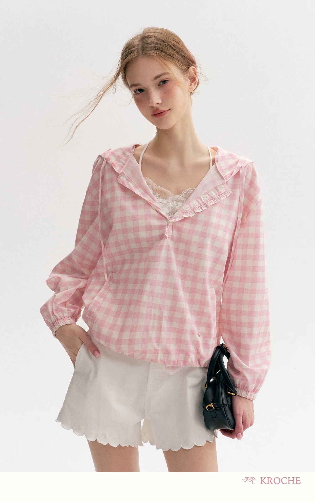 Kroche Plaid hooded loose fitting pullover top