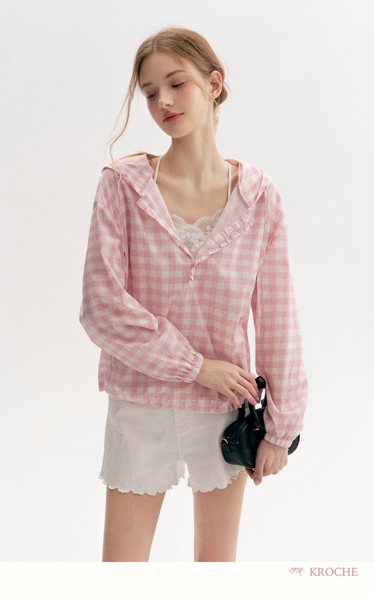 Kroche Plaid hooded loose fitting pullover top