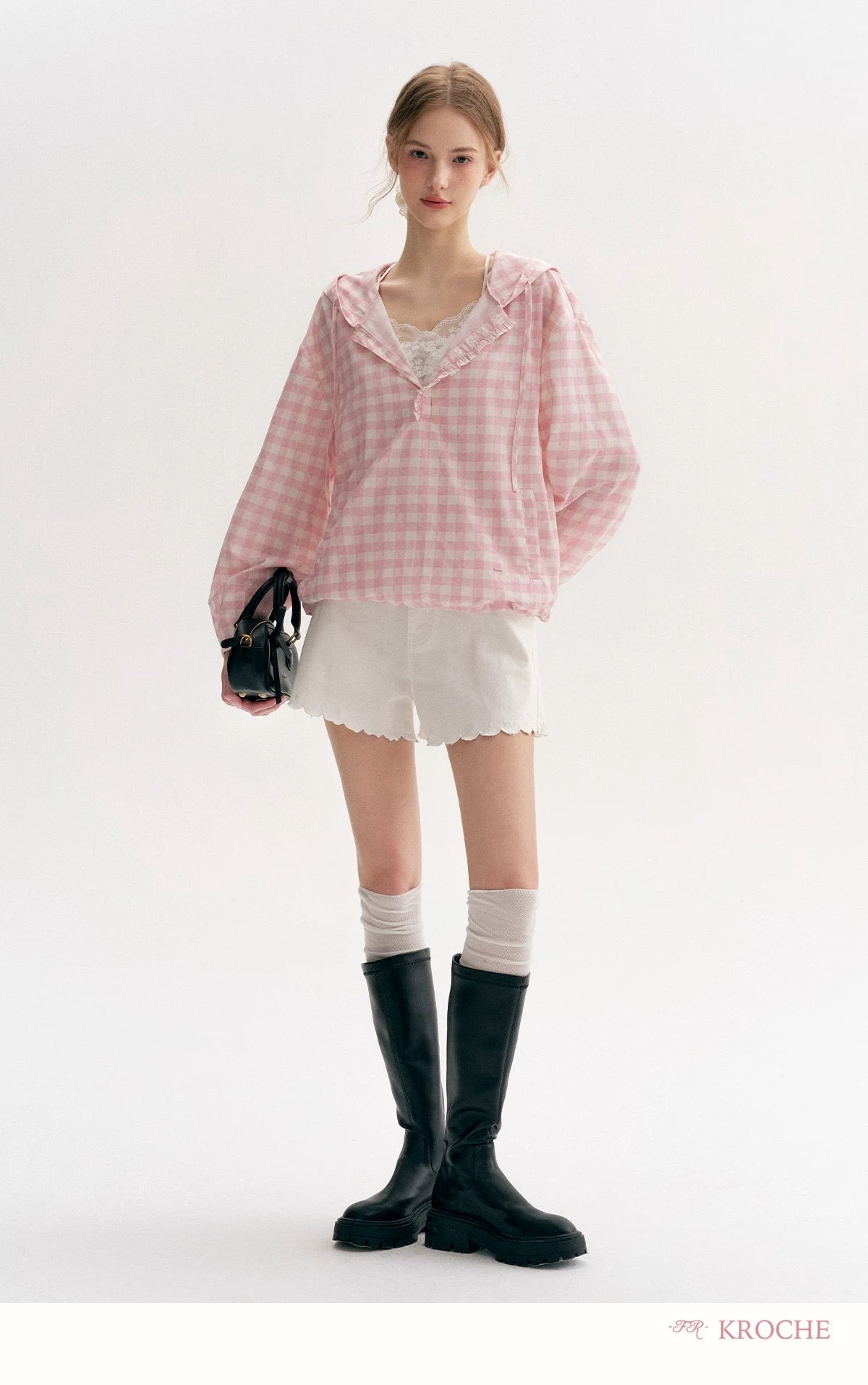 Kroche Plaid hooded loose fitting pullover top
