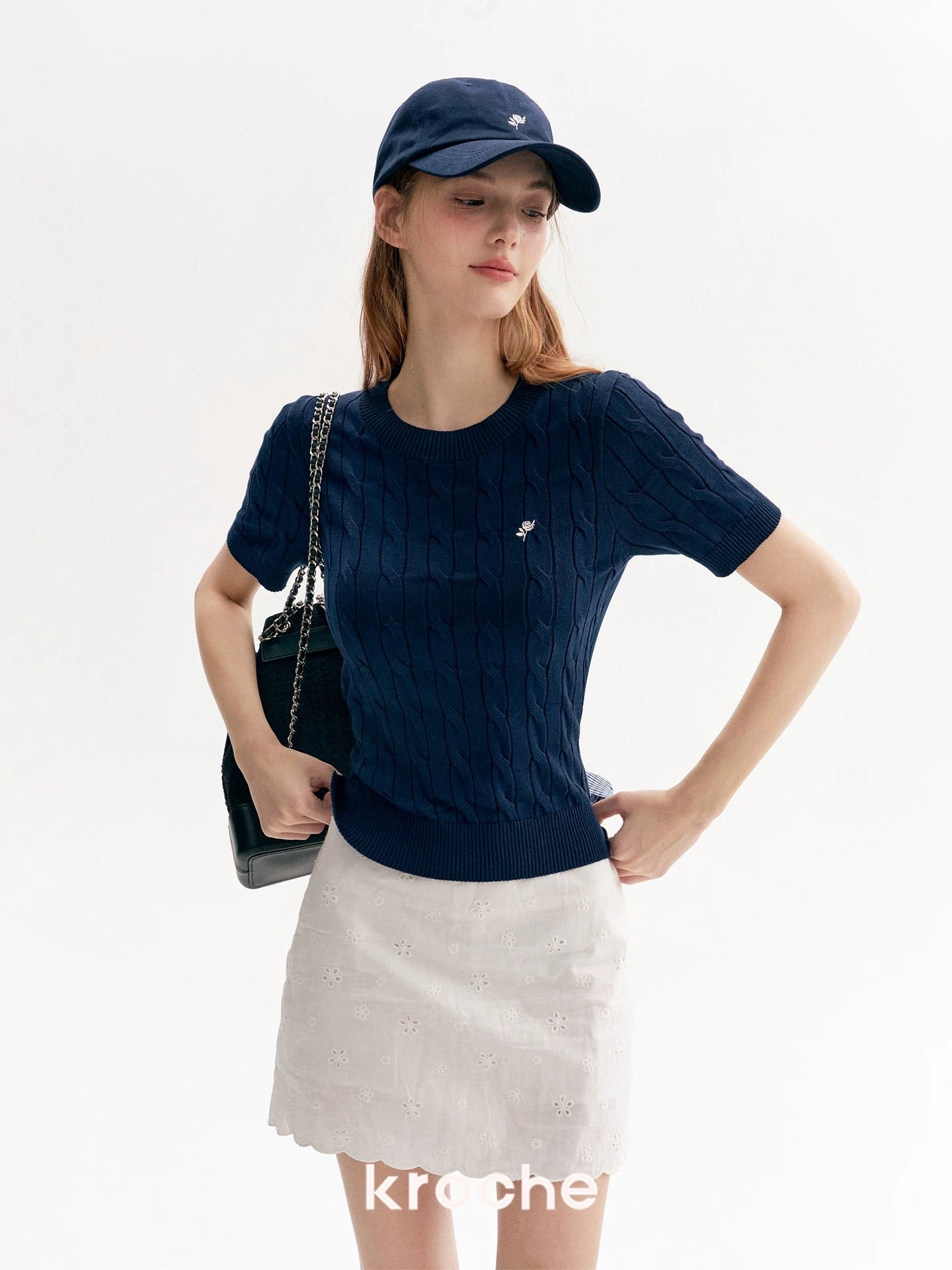 Kroche Bow exposed waist spliced knitted short sleeved T-shirt