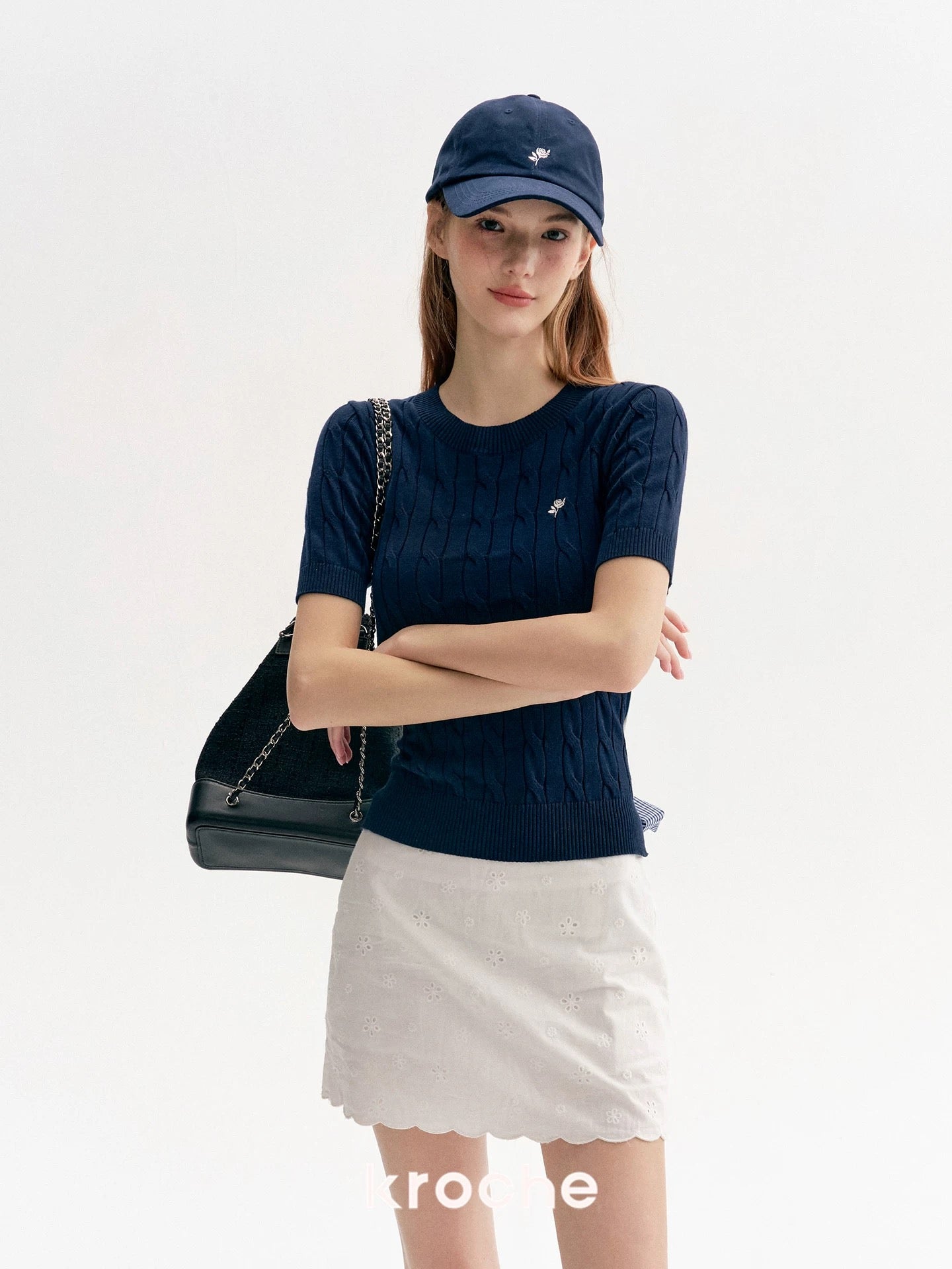 Kroche Bow exposed waist spliced knitted short sleeved T-shirt