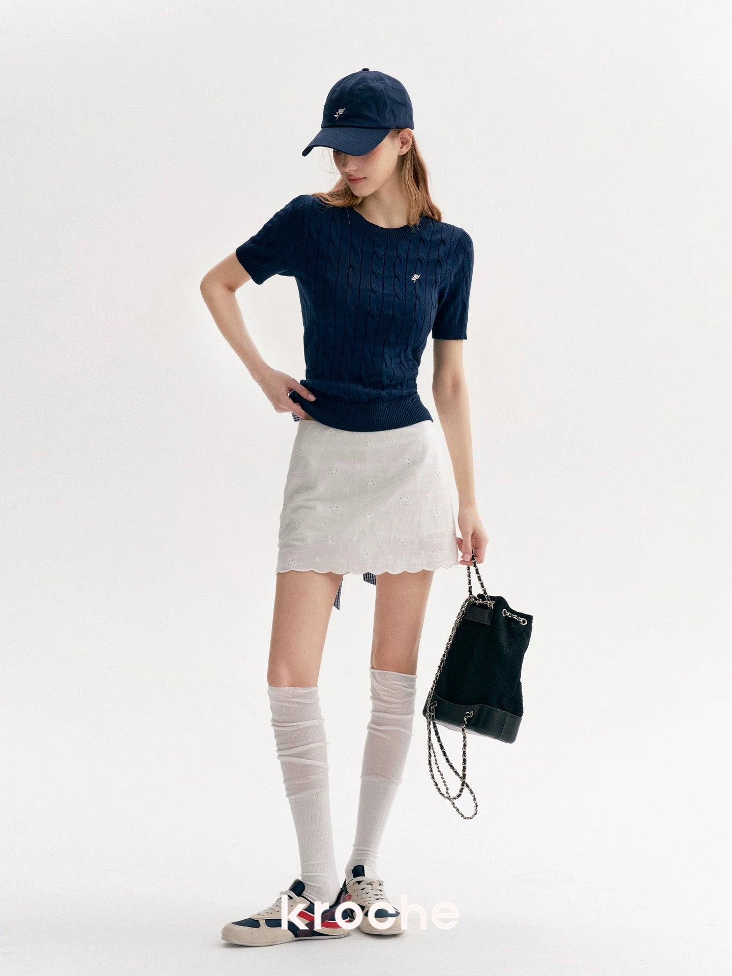 Kroche Bow exposed waist spliced knitted short sleeved T-shirt