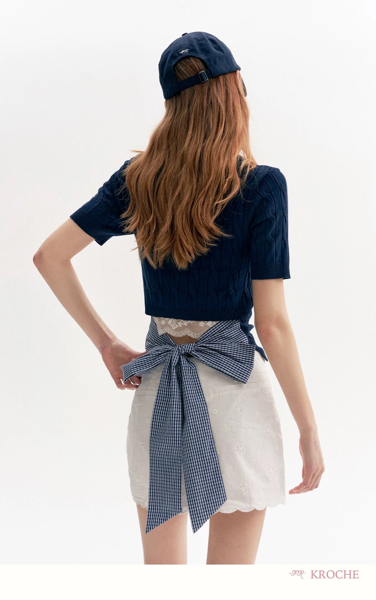 Kroche Bow exposed waist spliced knitted short sleeved T-shirt