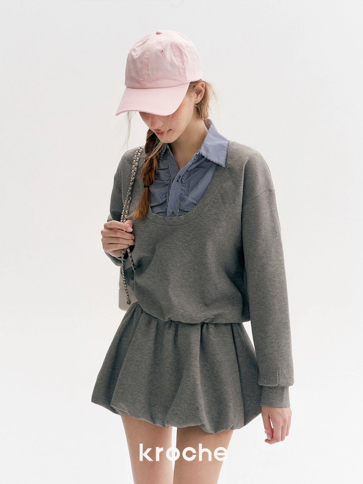 Kroche Plaid splicing fake two-piece hoodie + skirt set