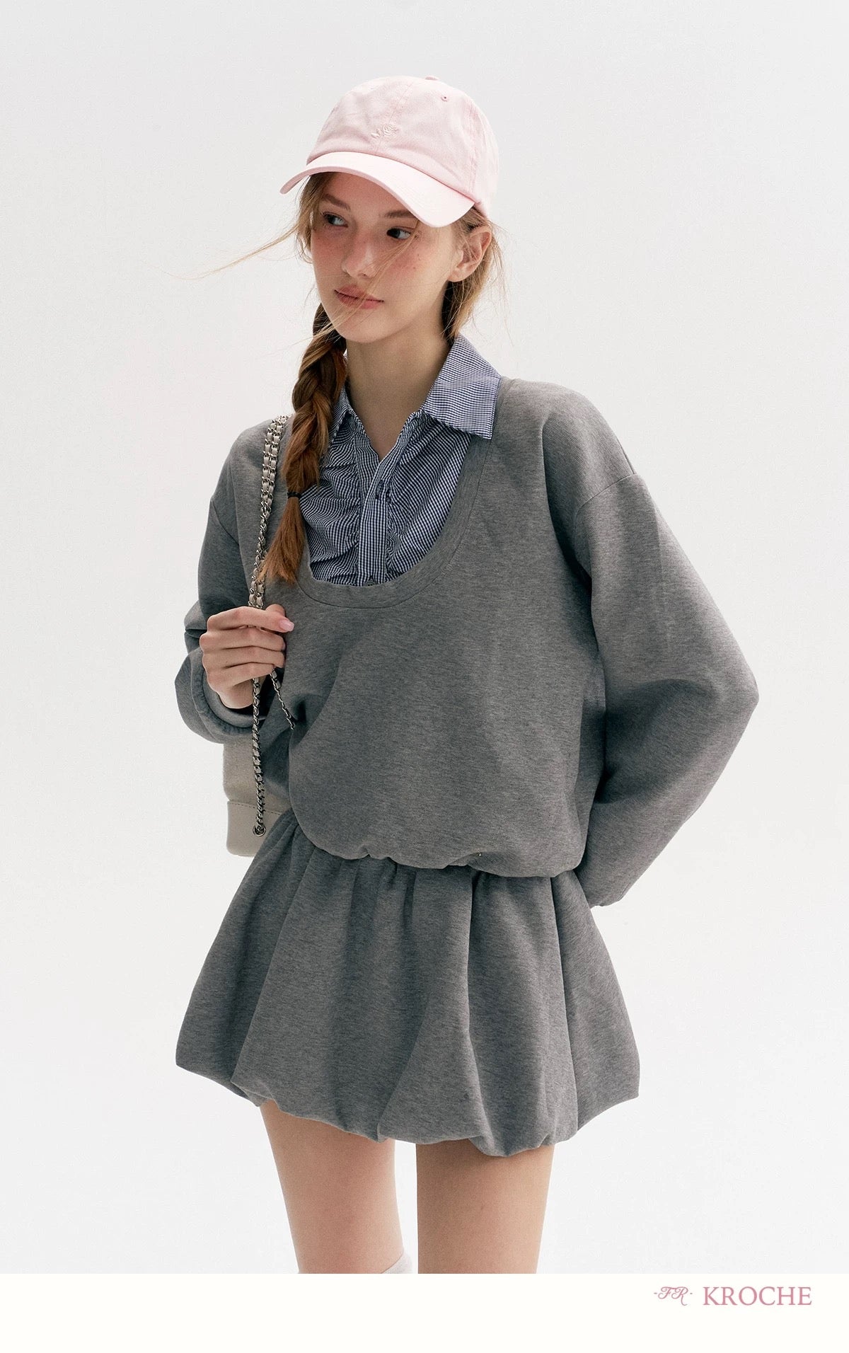 Kroche Plaid splicing fake two-piece hoodie + skirt set