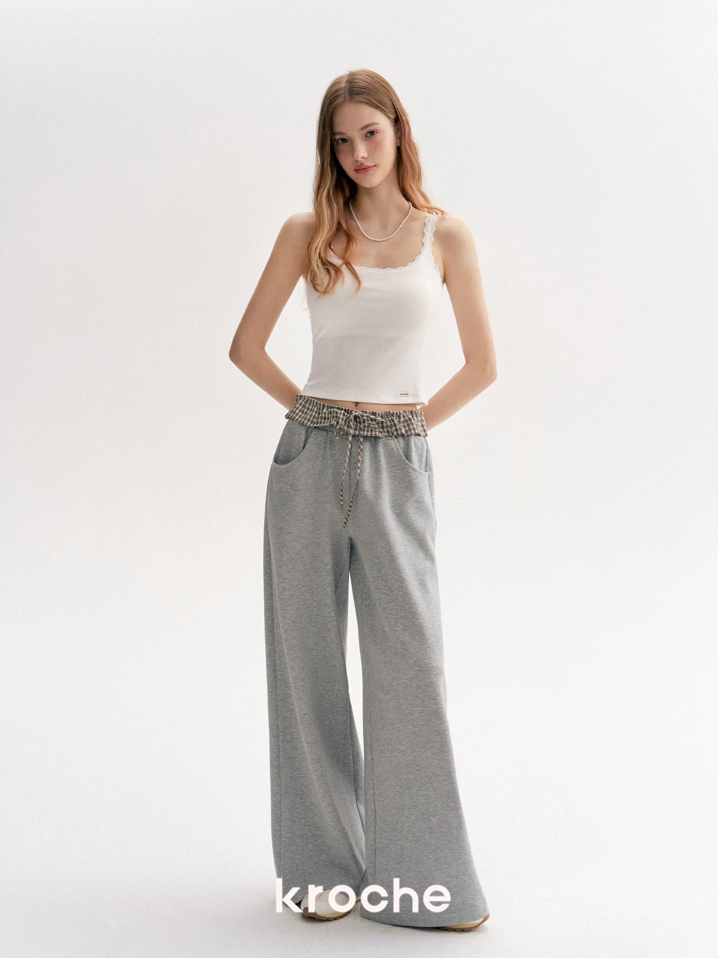 Kroche Color blocking plaid lace patchwork loose pants