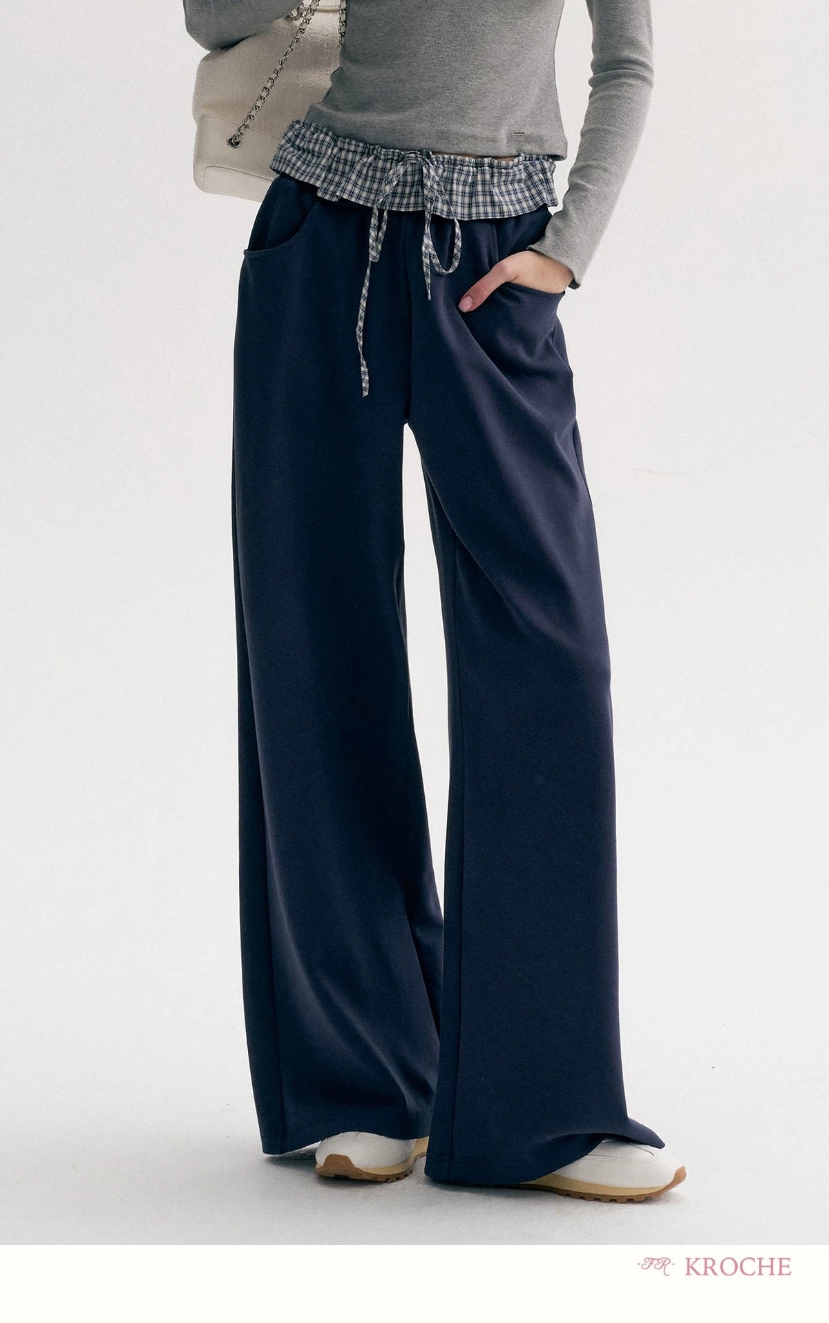 Kroche Color blocking plaid lace patchwork loose pants
