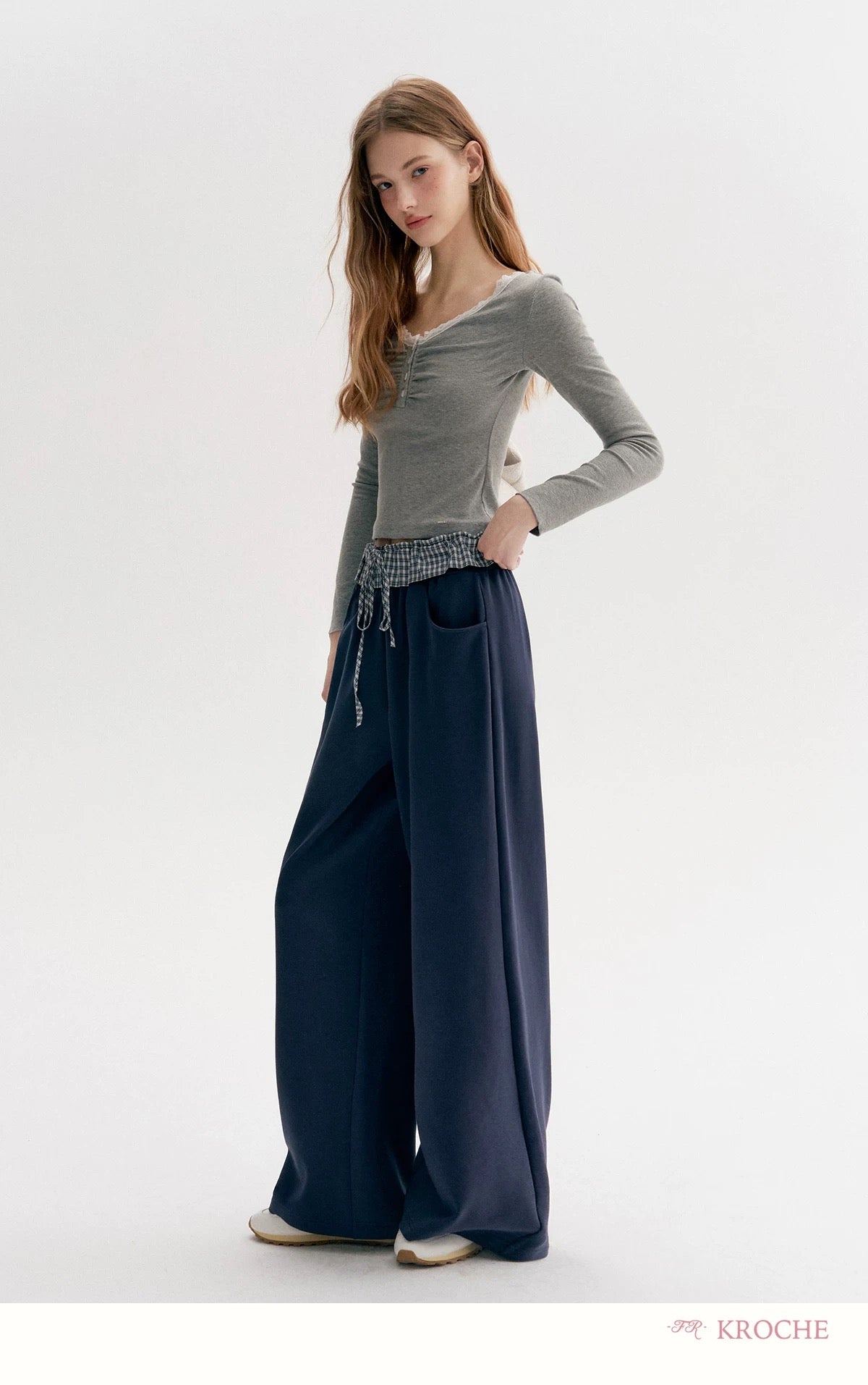 Kroche Color blocking plaid lace patchwork loose pants