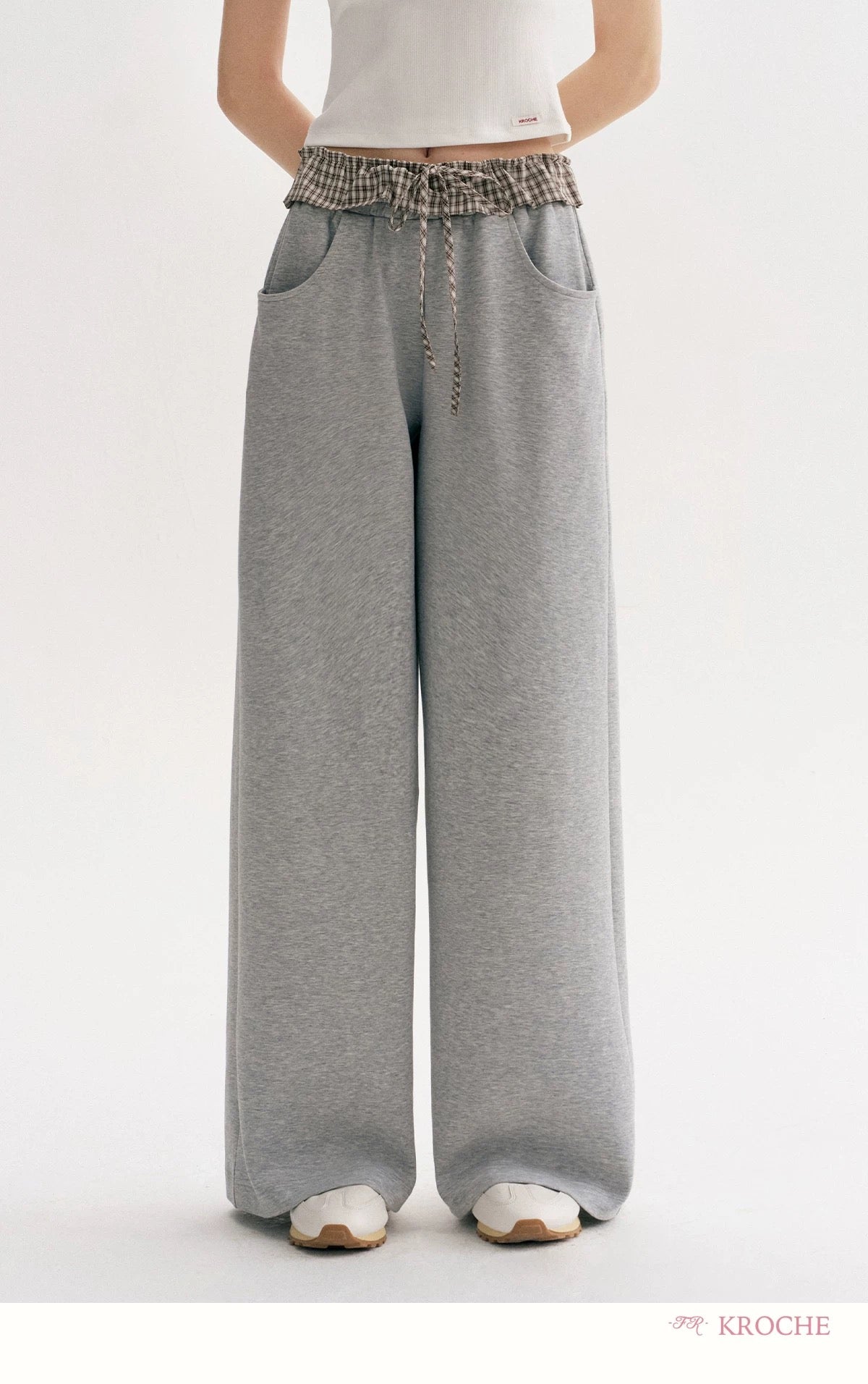 Kroche Color blocking plaid lace patchwork loose pants