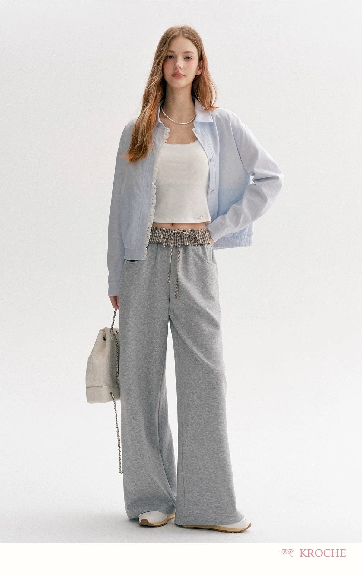 Kroche Color blocking plaid lace patchwork loose pants