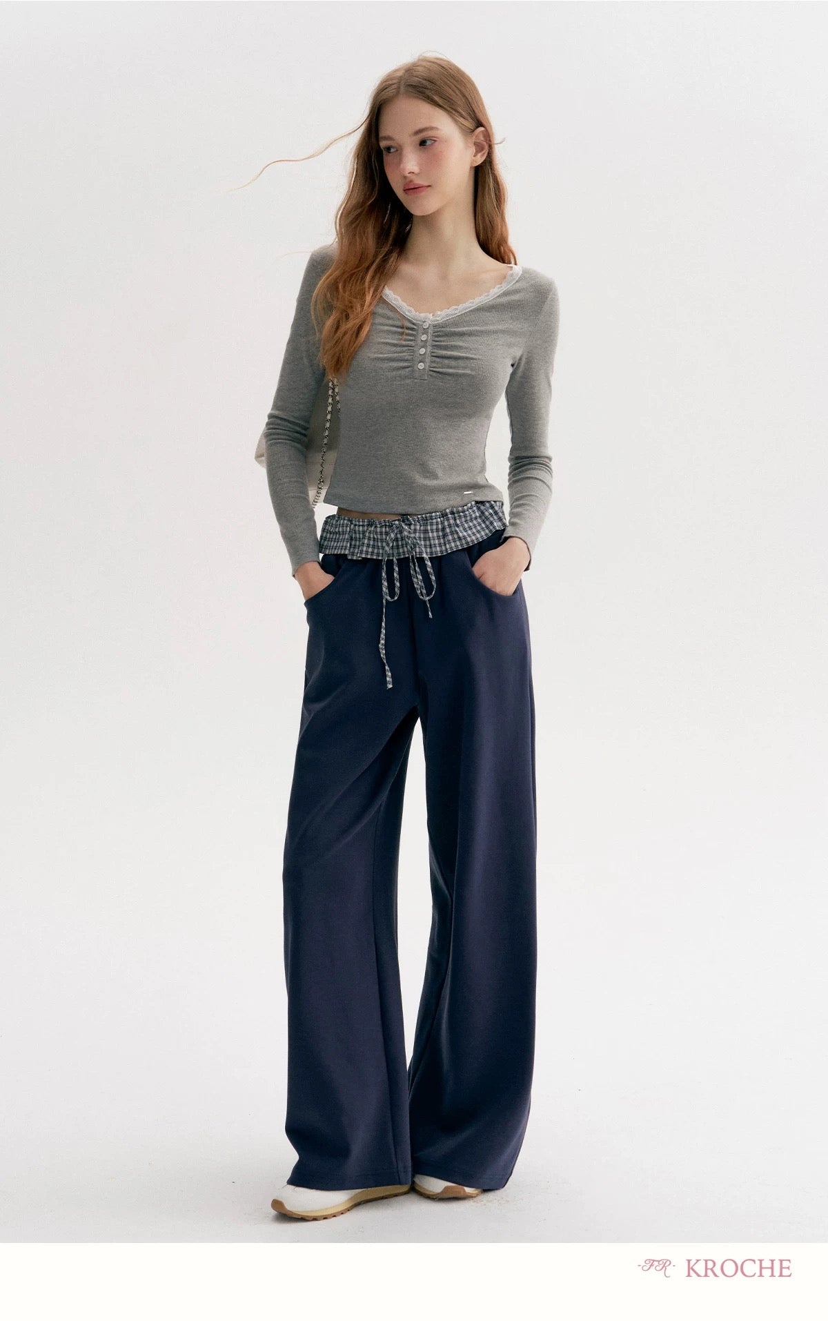 Kroche Color blocking plaid lace patchwork loose pants