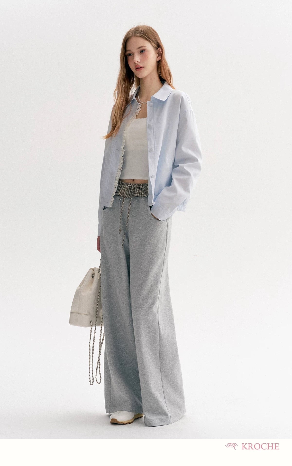Kroche Color blocking plaid lace patchwork loose pants