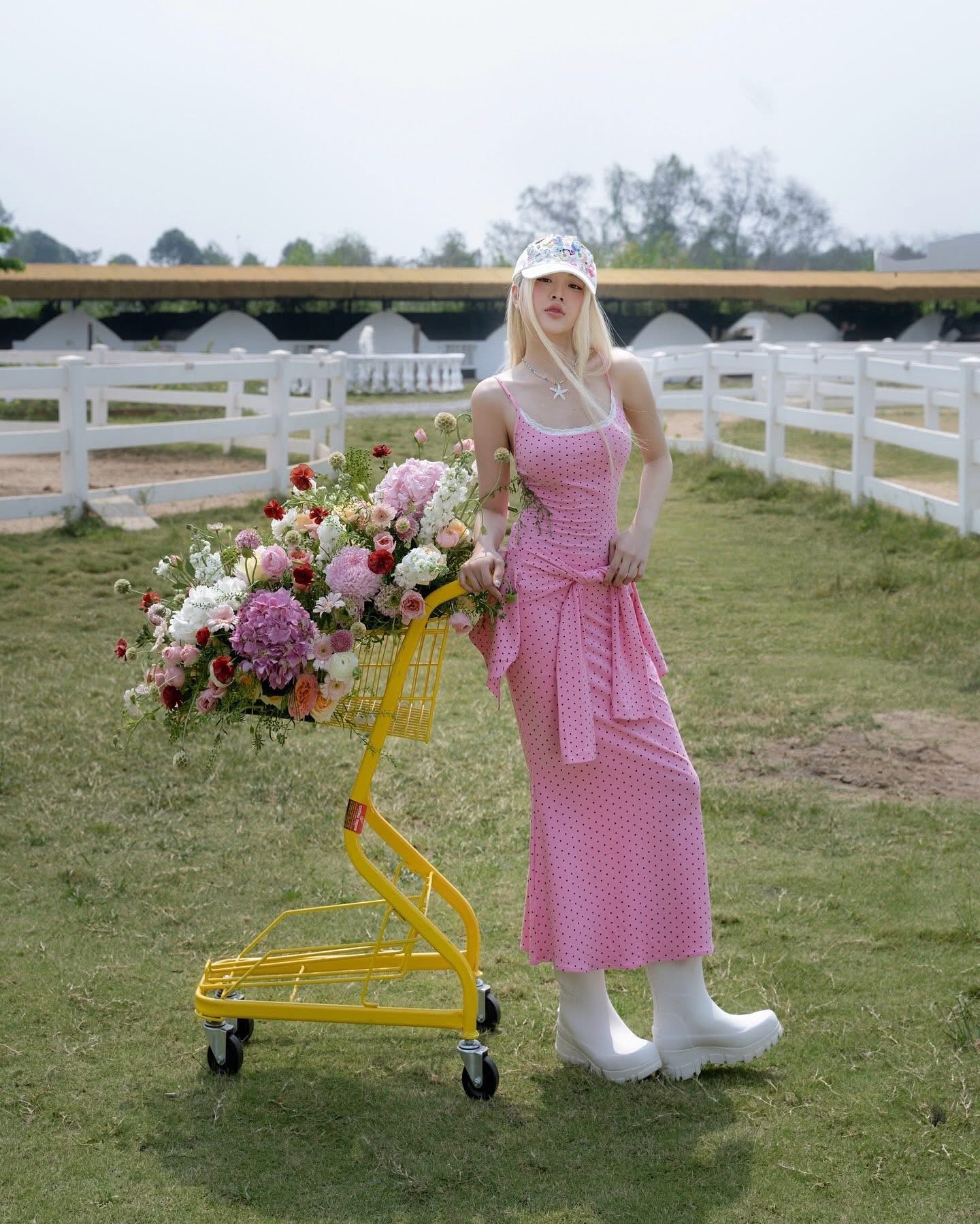 SWAN Closet Pink polka dot camisole maxi dress