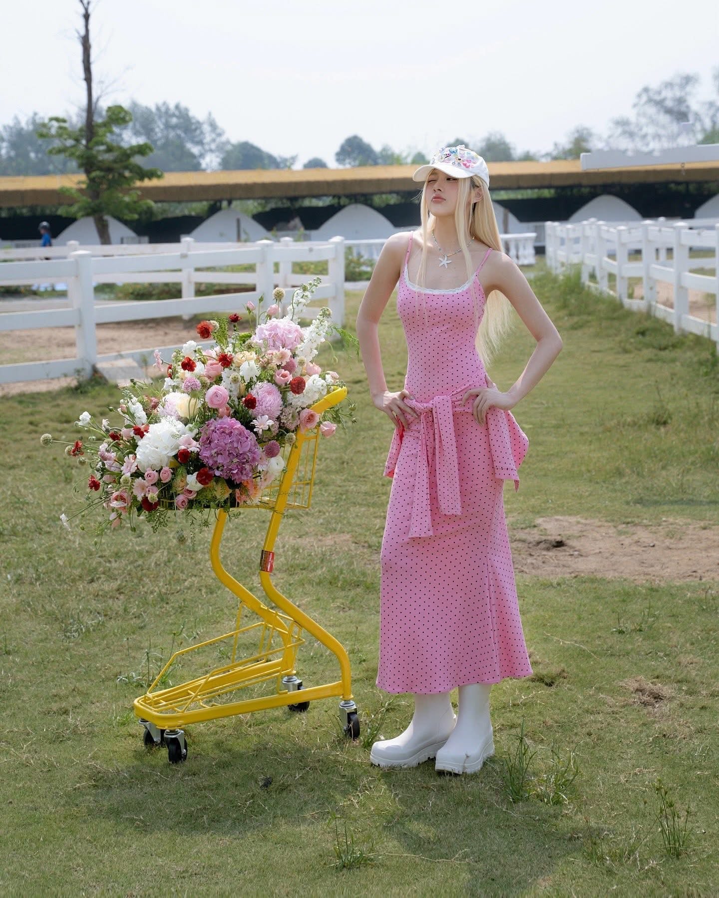 SWAN Closet Pink polka dot camisole maxi dress