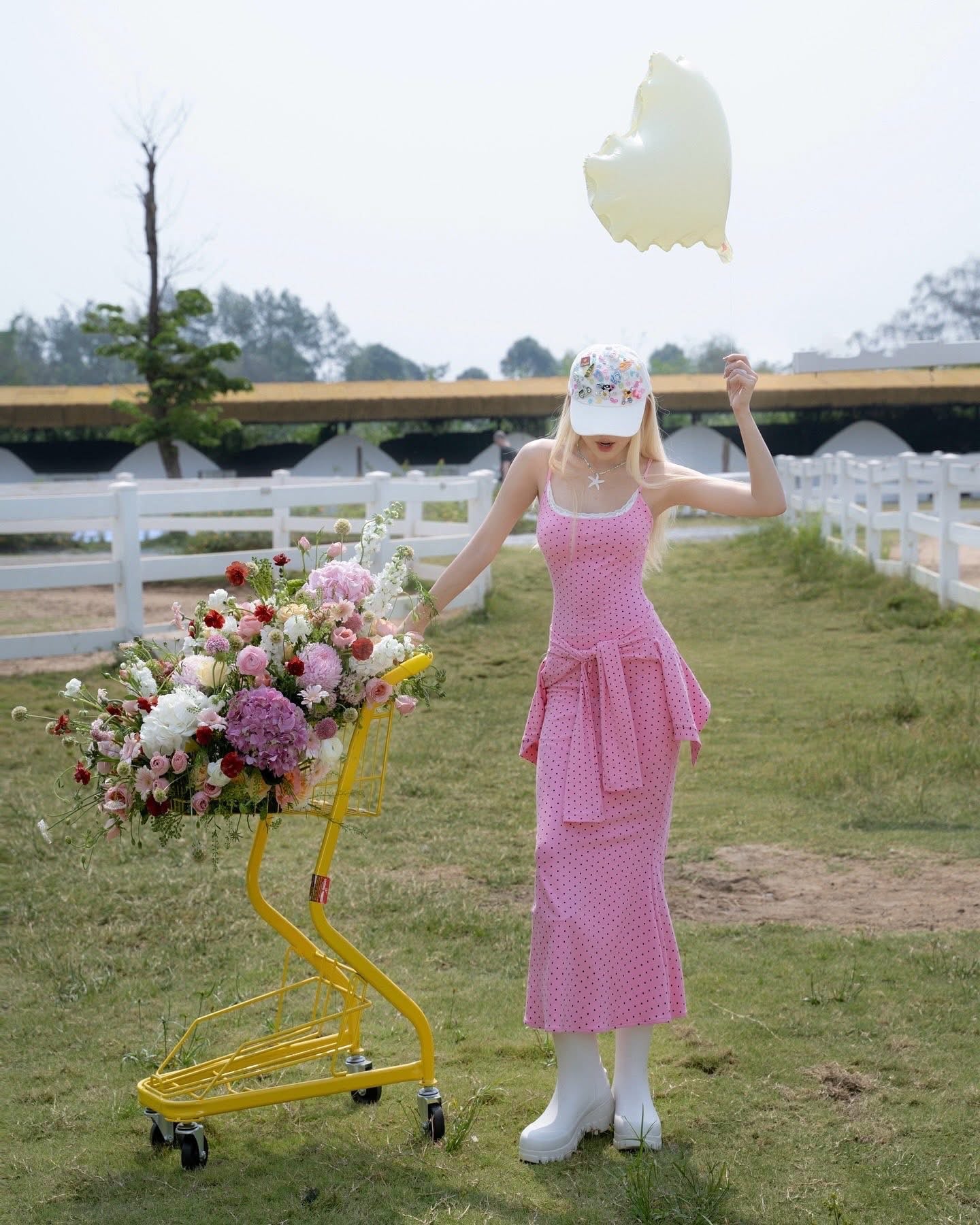SWAN Closet Pink polka dot camisole maxi dress