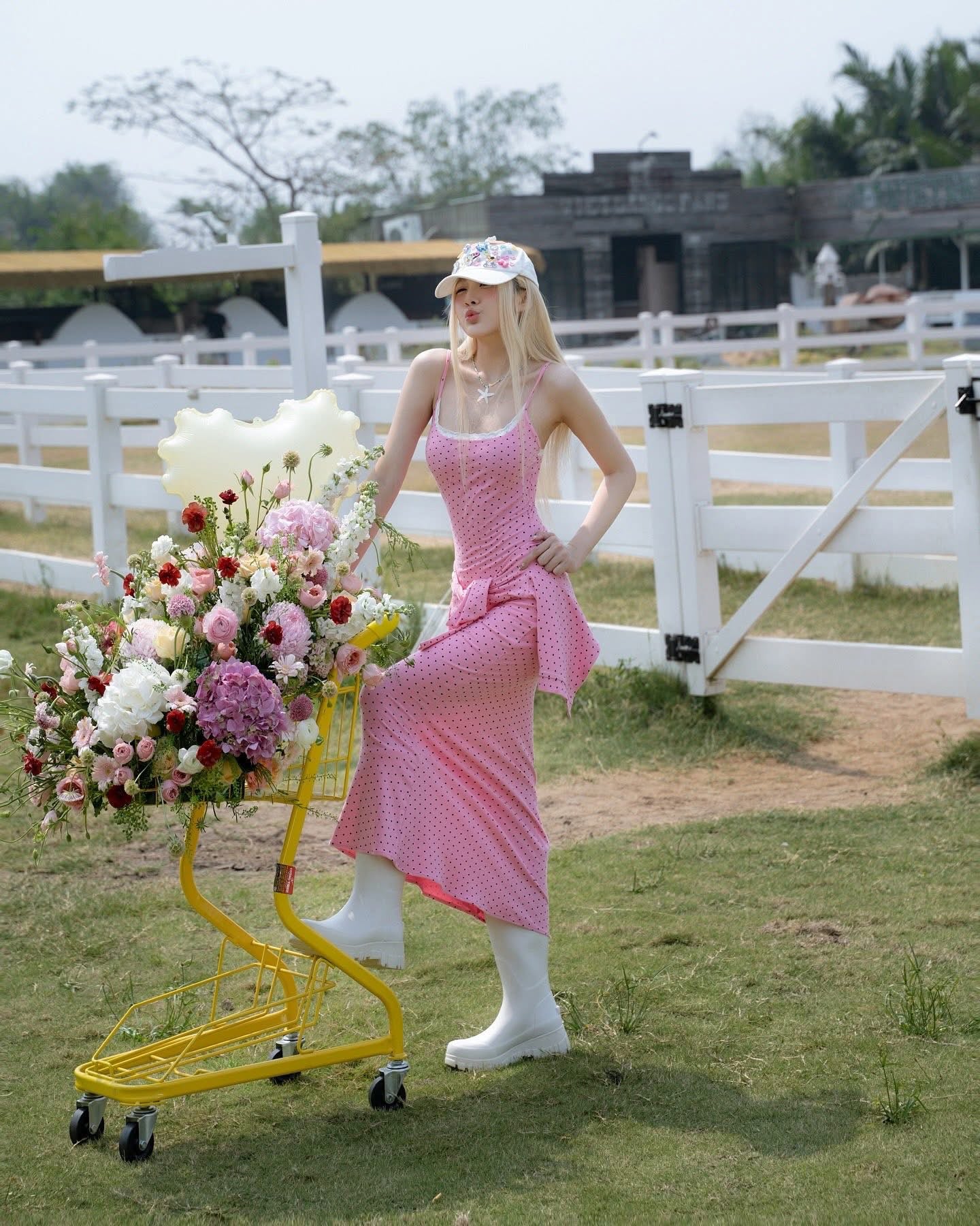 SWAN Closet Pink polka dot camisole maxi dress