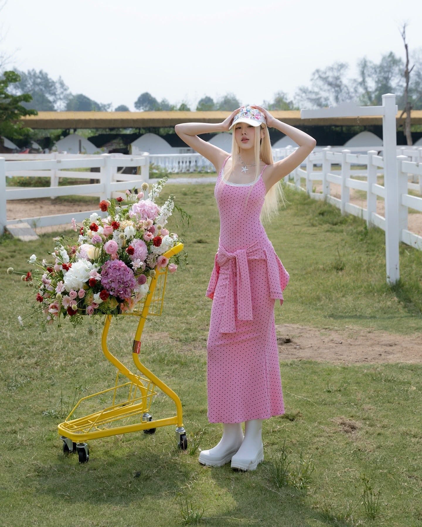 SWAN Closet Pink polka dot camisole maxi dress