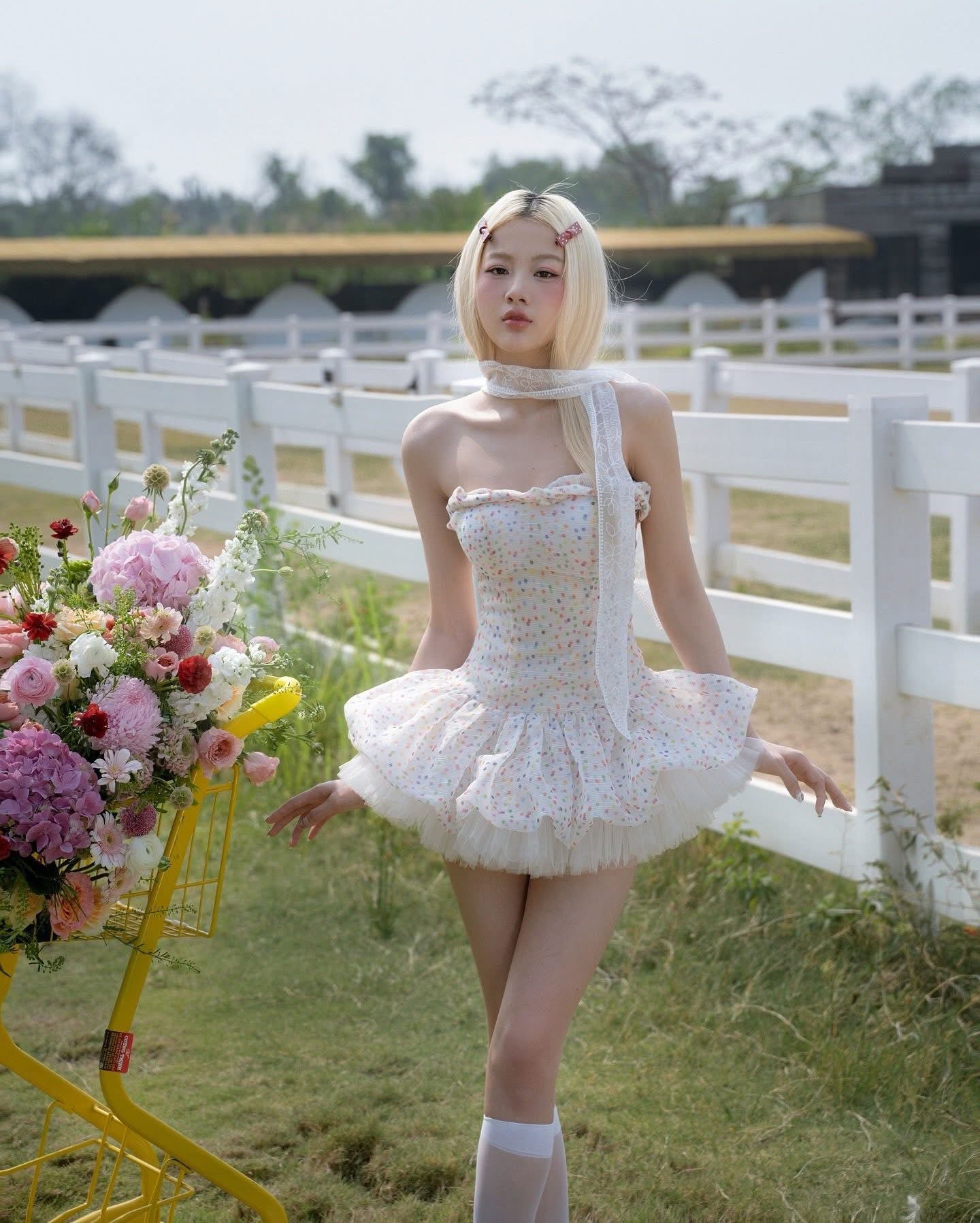 SWAN Closet Polka dot strapless puffy dress