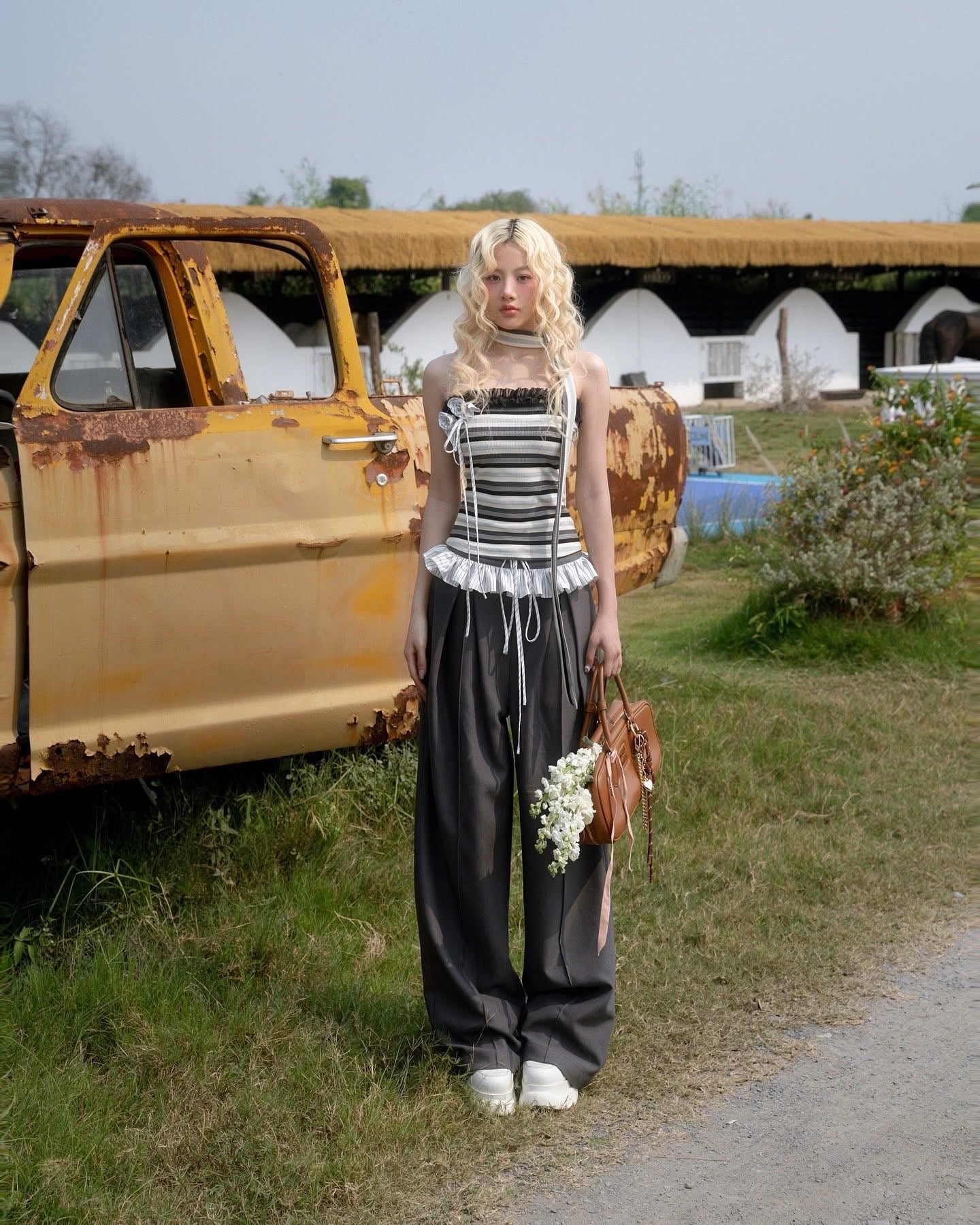 SWAN Closet Striped strapless top + pants set